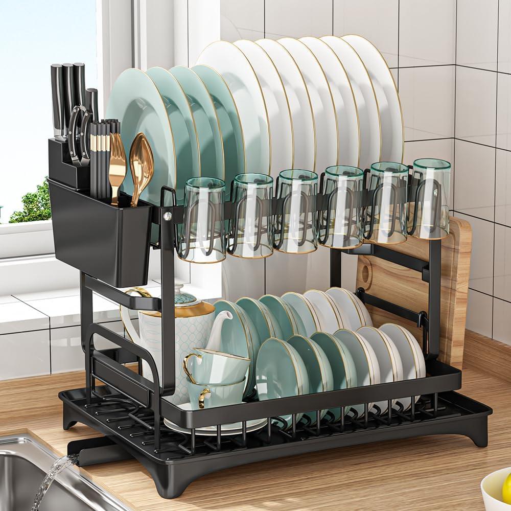 Black Stainless Steel 2-Tier Dish Drying Rack with Utensil Holder