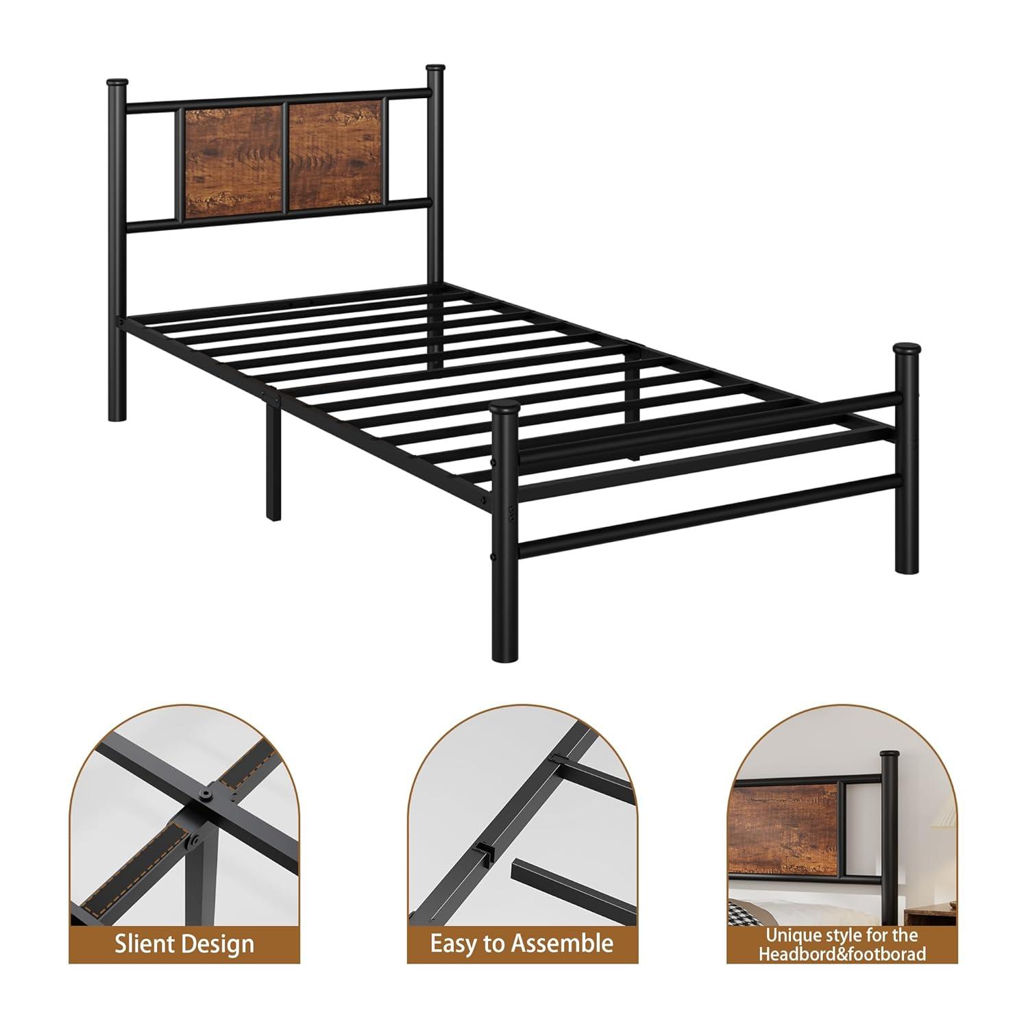 King Size Bed Frame with Rustic Wood Headboard, Metal Heavy Duty Platform, Sturdy Steel Slat Support, No Box Spring Needed, Black King Platform Bed Frame with Headboard
