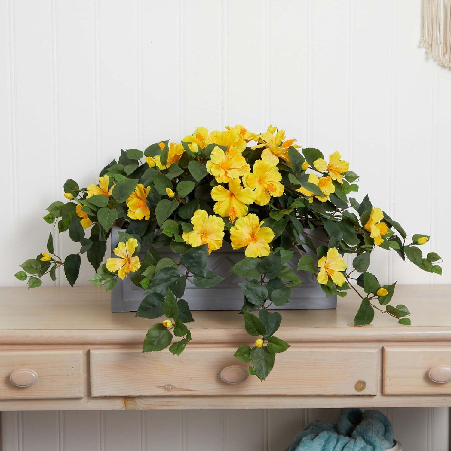 Sun-Kissed Yellow Hibiscus 23" Faux Plant in Stone Planter