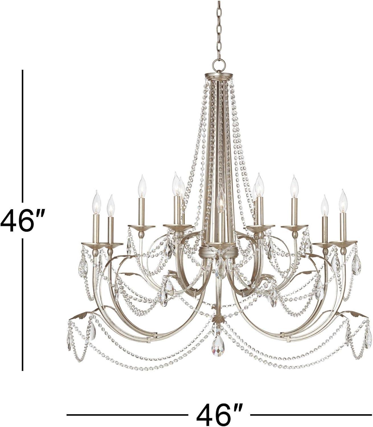 Regency Hill Strand Silver Leaf Chandelier 46" Wide French Beaded Crystal 12-Light Fixture for Dining Room House Foyer Kitchen Island Entryway Bedroom