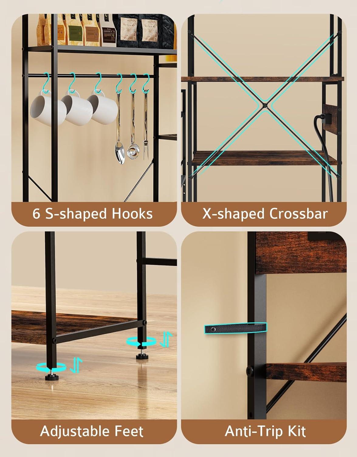 17 Stories Bakers Rack With Mobile Kitchen Utility Shelf ,Adjustable Height, Multi-Compartment Storage With Power Outlet ,6 Hooks For Bread Machines, Coffee Bar, Microwave Stand, Rustic Brown And Black