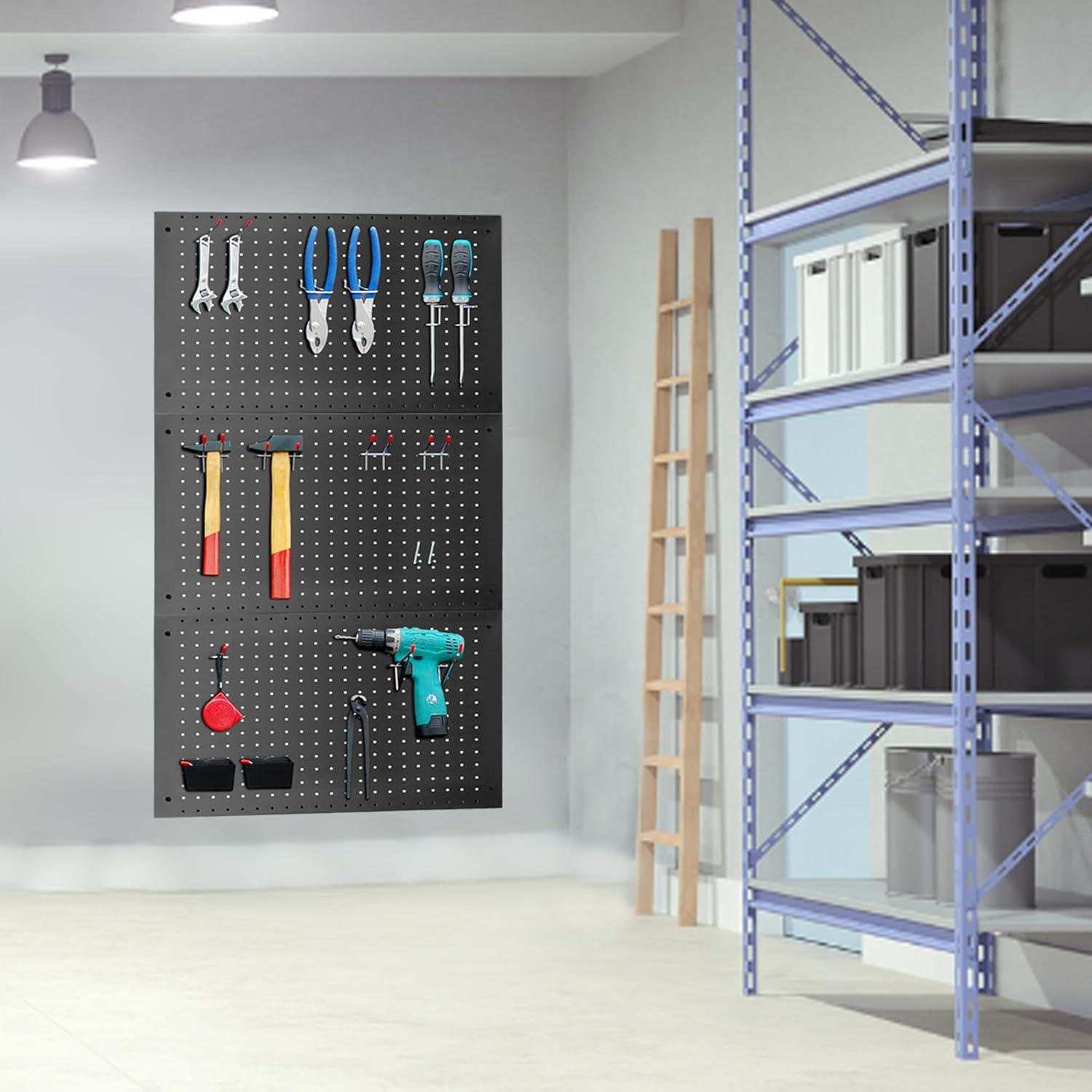 Heavy Duty Black Steel Pegboard Panels Set, 24in x 16in, 3 Pieces