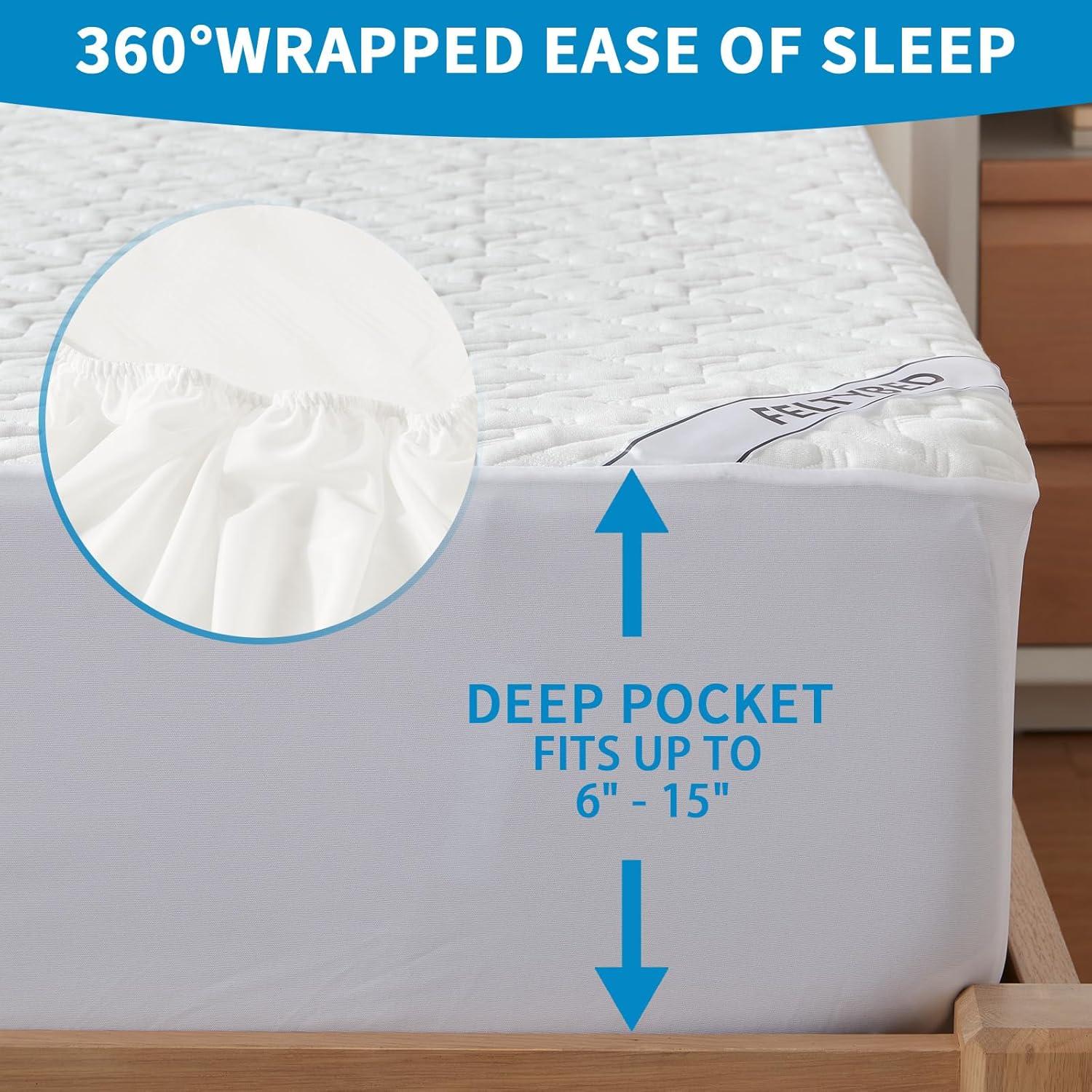 Queen Size Waterproof Mattress Protector, 40% Rayon From Bamboo Cooling Mattress Pad Cover, 3D Air Fabric Breathable Mattress Pad Fitted With Deep Pocket 6"- 15" Machine Washable