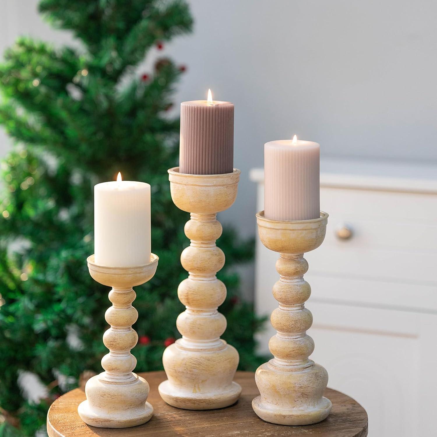 Rustic Light Wood Pillar Candle Holders Set of 3