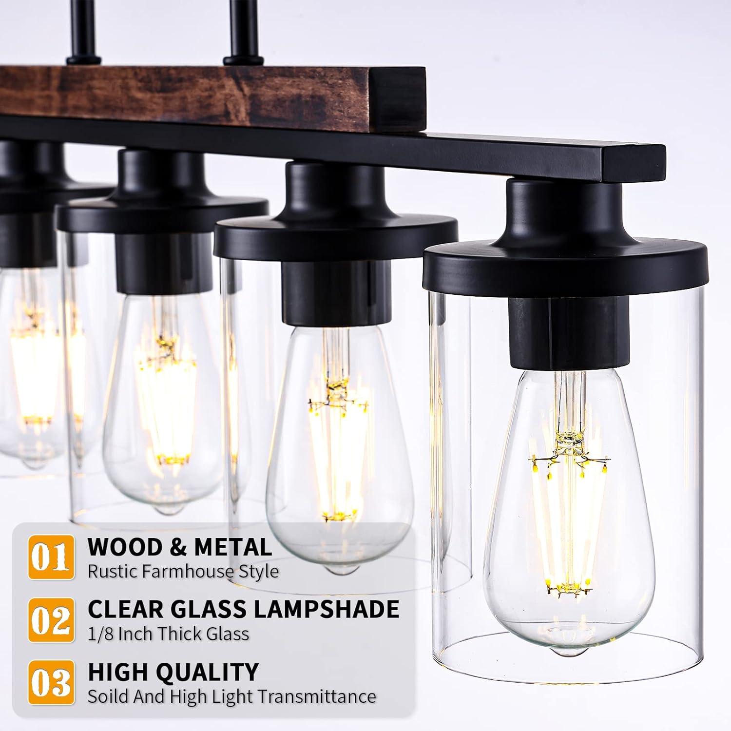 Black Farmhouse Chandelier, 5-Light Island Lights for Kitchen in Metal Finish with Clear Glass Shades, 37" Dining Room Chandelier, Linear Pendant Lighting for Foyer, Bar, Pool Table