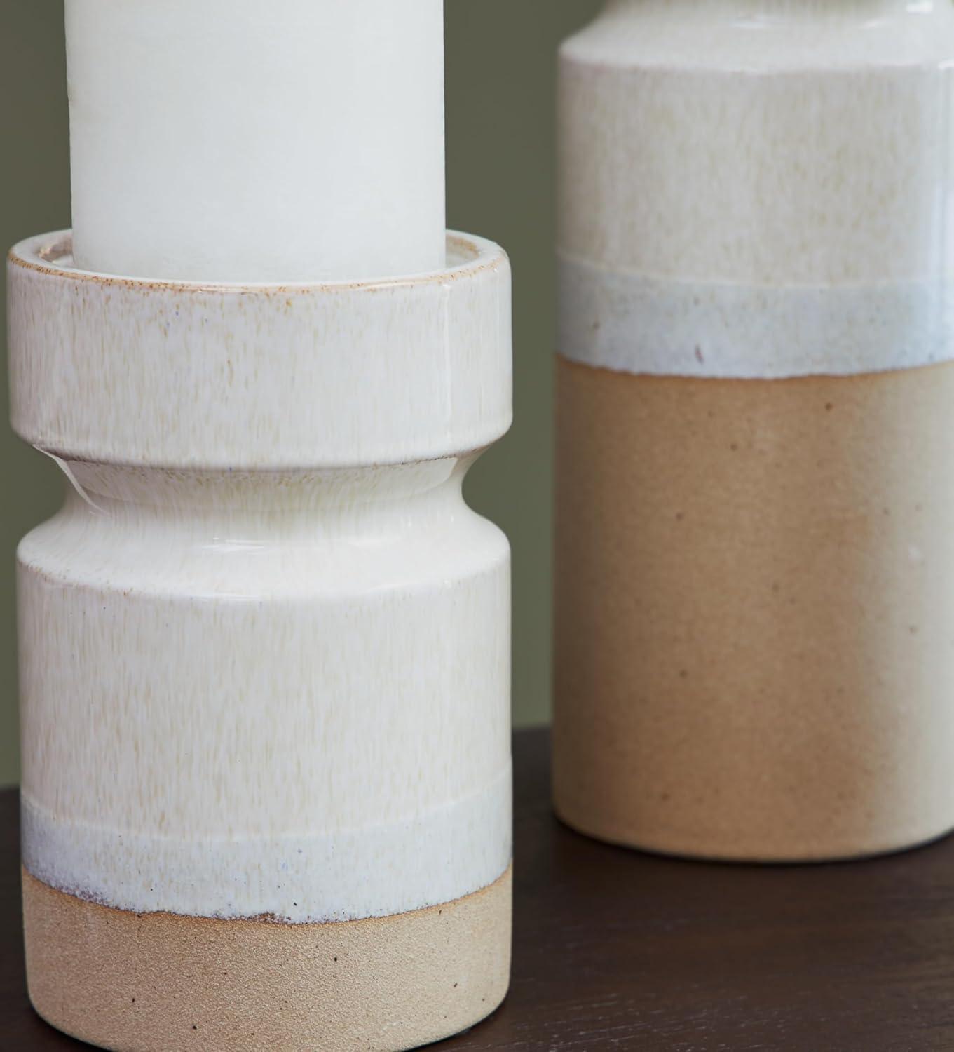 Beige and White Glazed Ceramic Candle Holders Set of 3