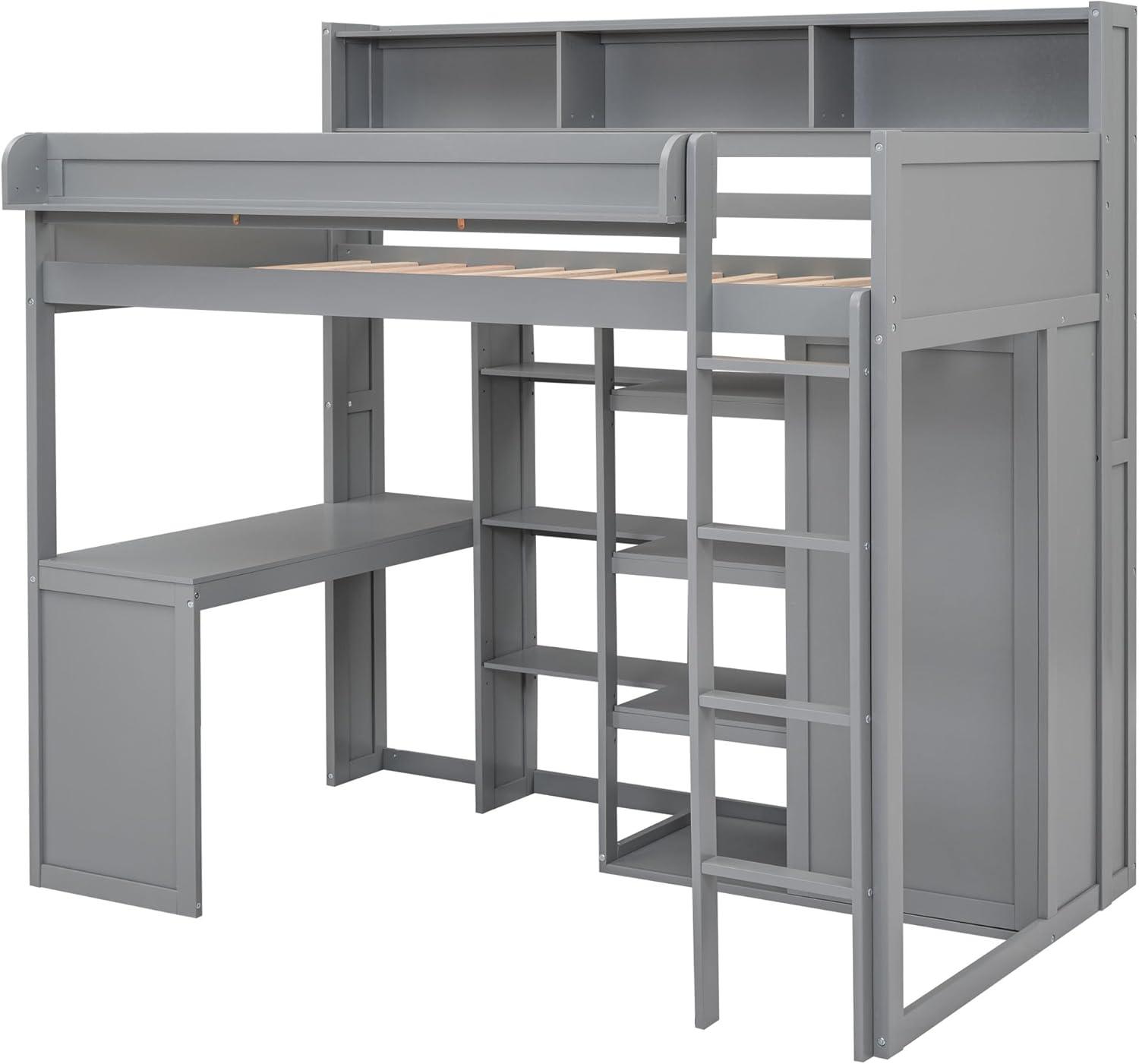 Bellemave Twin Size Loft Bed with Wardrobes and Desk, Wood Loft Beds Frame with Storage Shelves and Cabinet, High Loft Bed for Kids Teens Adults (Gray)