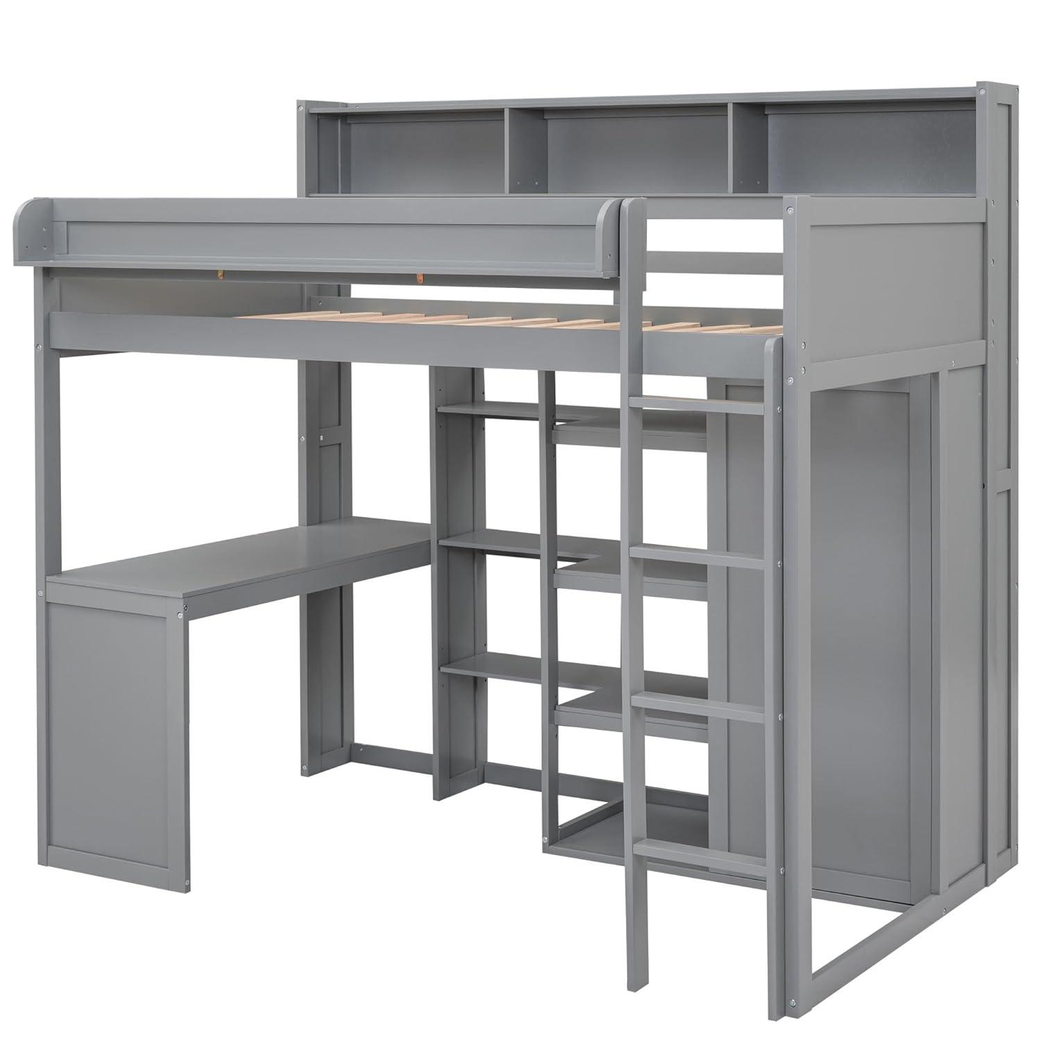 Bellemave Twin Size Loft Bed with Wardrobes and Desk, Wood Loft Beds Frame with Storage Shelves and Cabinet, High Loft Bed for Kids Teens Adults (Gray)