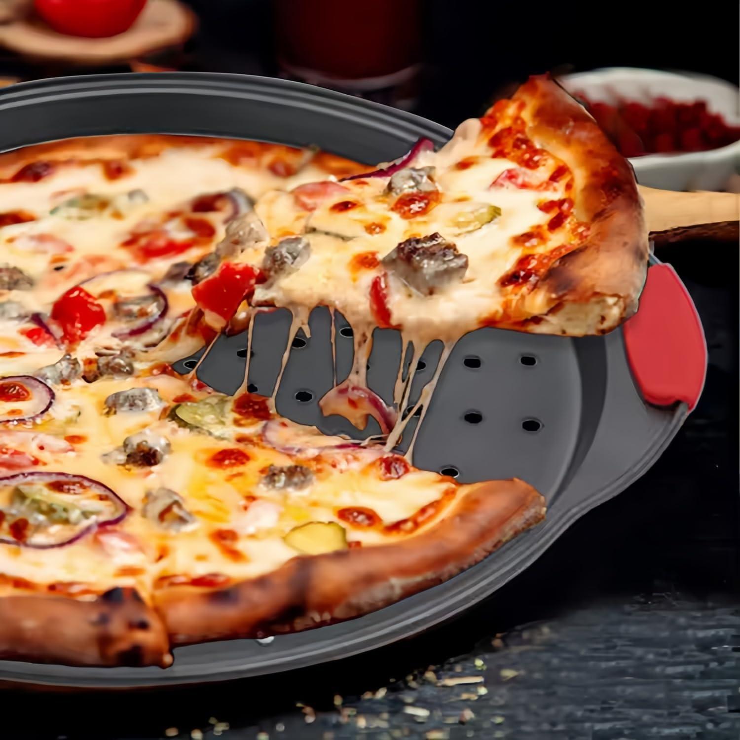 Non-Stick Carbon Steel Perforated Pizza Pans with Silicone Handles