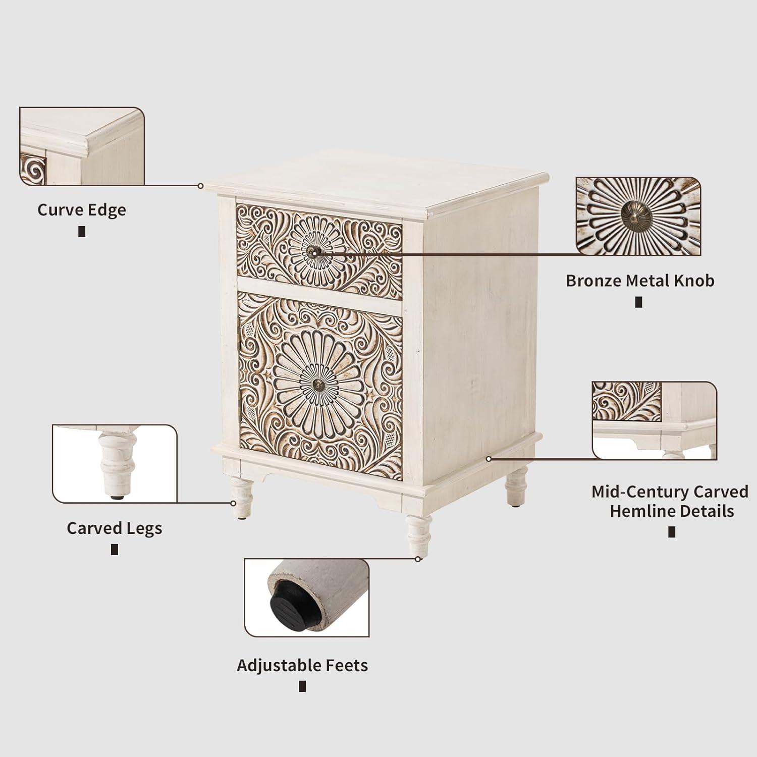 Light Gray Floral Carved MDF Nightstand with Drawer