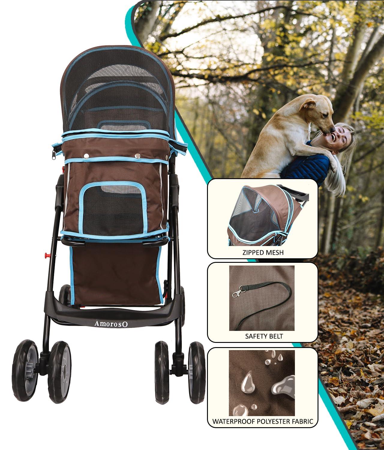 Brown and Turquoise Foldable Pet Stroller with Storage Basket