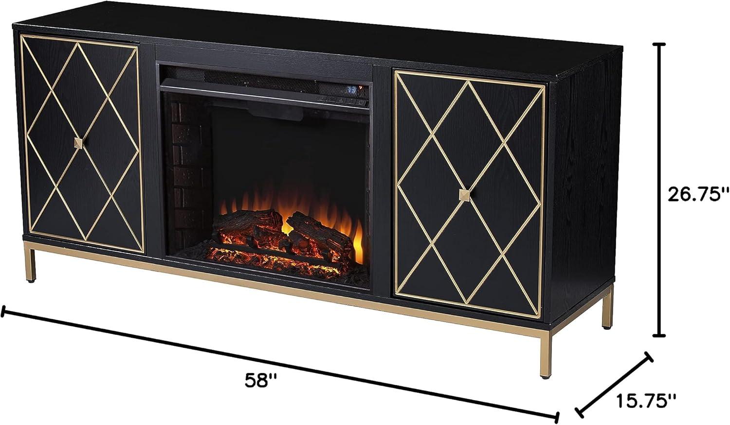 Black Electric Fireplace Media Console with Gold Accents