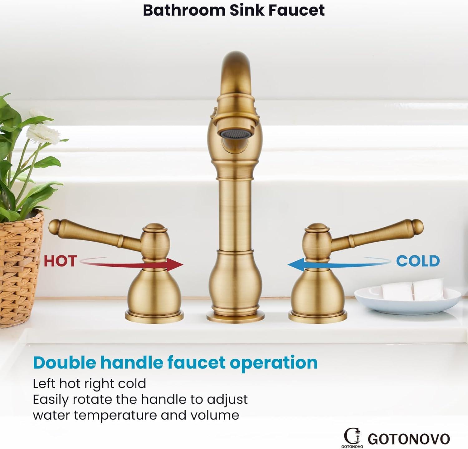 gotonovo Bathroom Faucet 3 Hole 8 Inch Widespread Bathroom Sink Faucet 2 Cross Handles Vintage Lavatory Vanity Mixer Tap with Pop Up Drain, H C Label, Antique Brass