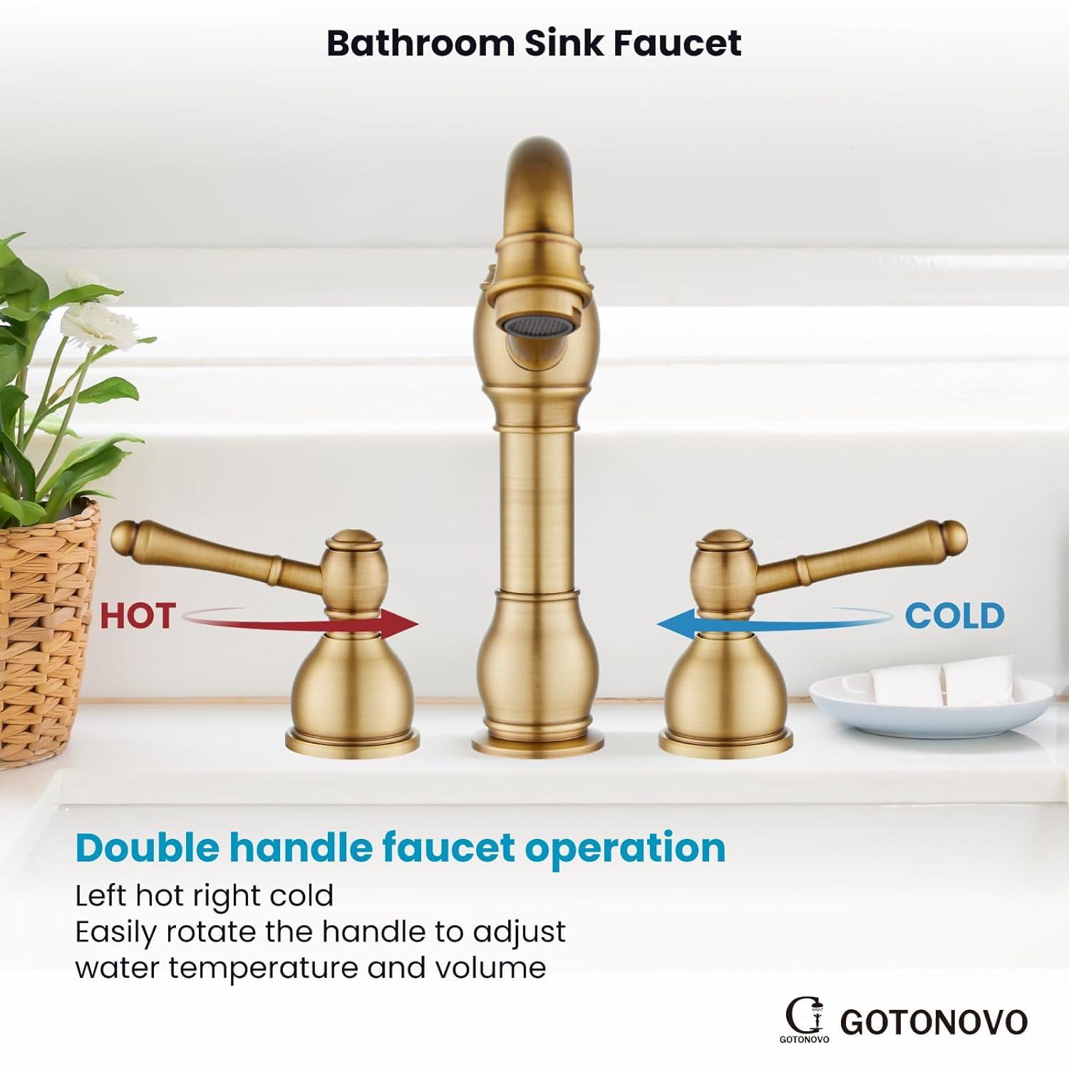 gotonovo Bathroom Faucet 3 Hole 8 Inch Widespread Bathroom Sink Faucet 2 Cross Handles Vintage Lavatory Vanity Mixer Tap with Pop Up Drain, H C Label, Antique Brass