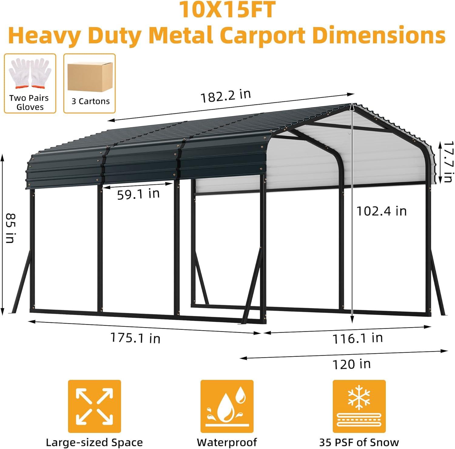 Tolead Heavy Duty Galvanized 10' x 15' Grey Carport