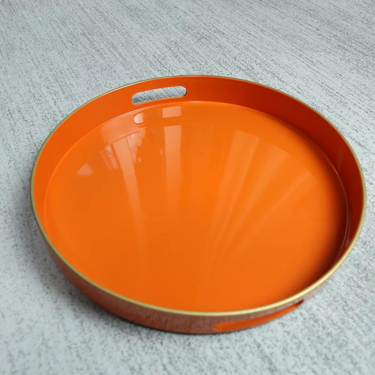 13" Orange Plastic Round Serving Tray with Handles