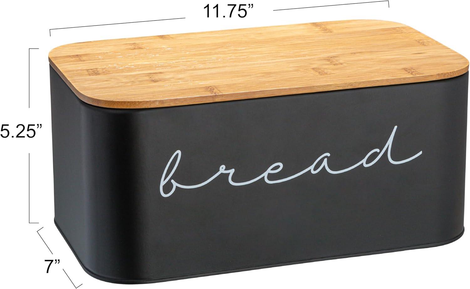 Black Metal Bread Bin with Bamboo Lid, 11.75"L x 7"H