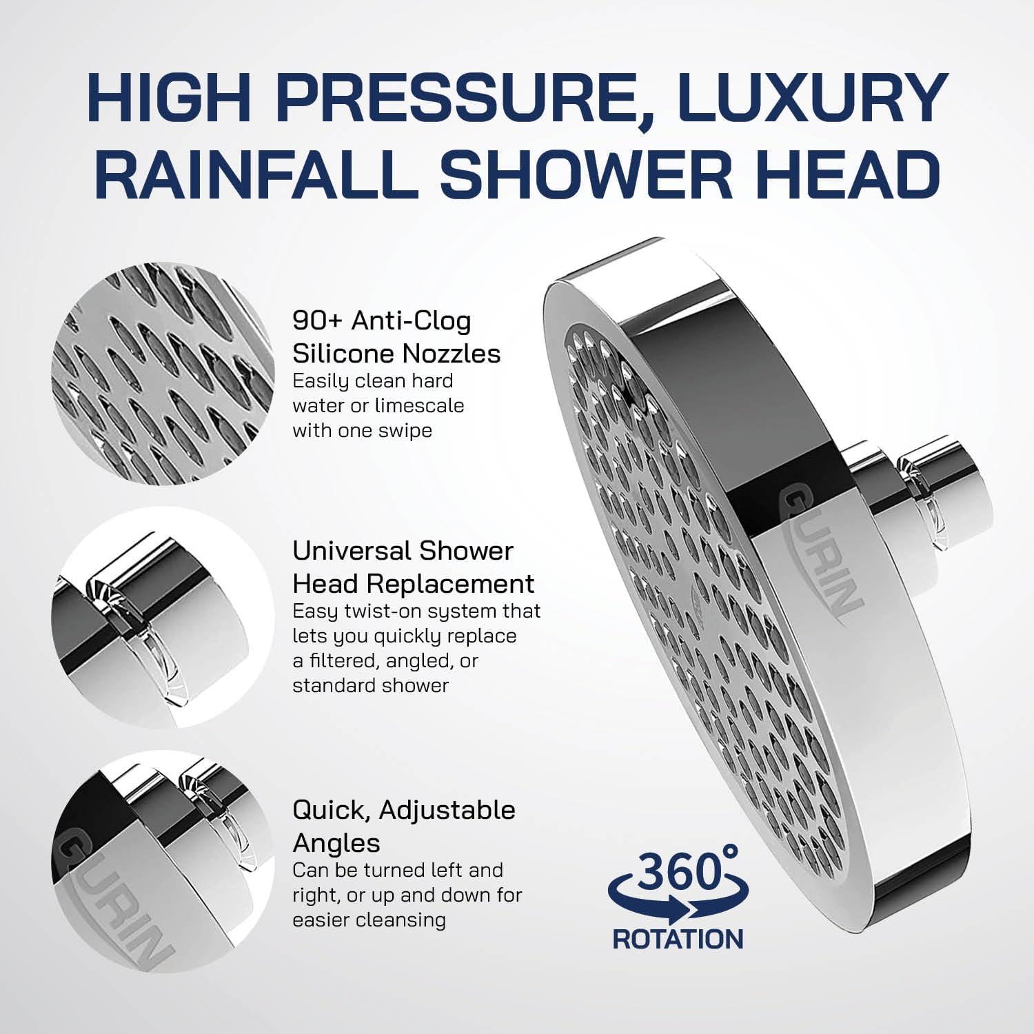 Gurin Shower Head High Rain, Luxury Showerhead with Chrome Plated Finish, Adjustable Angles, Anti-Clogging Nozzles (California GPM)