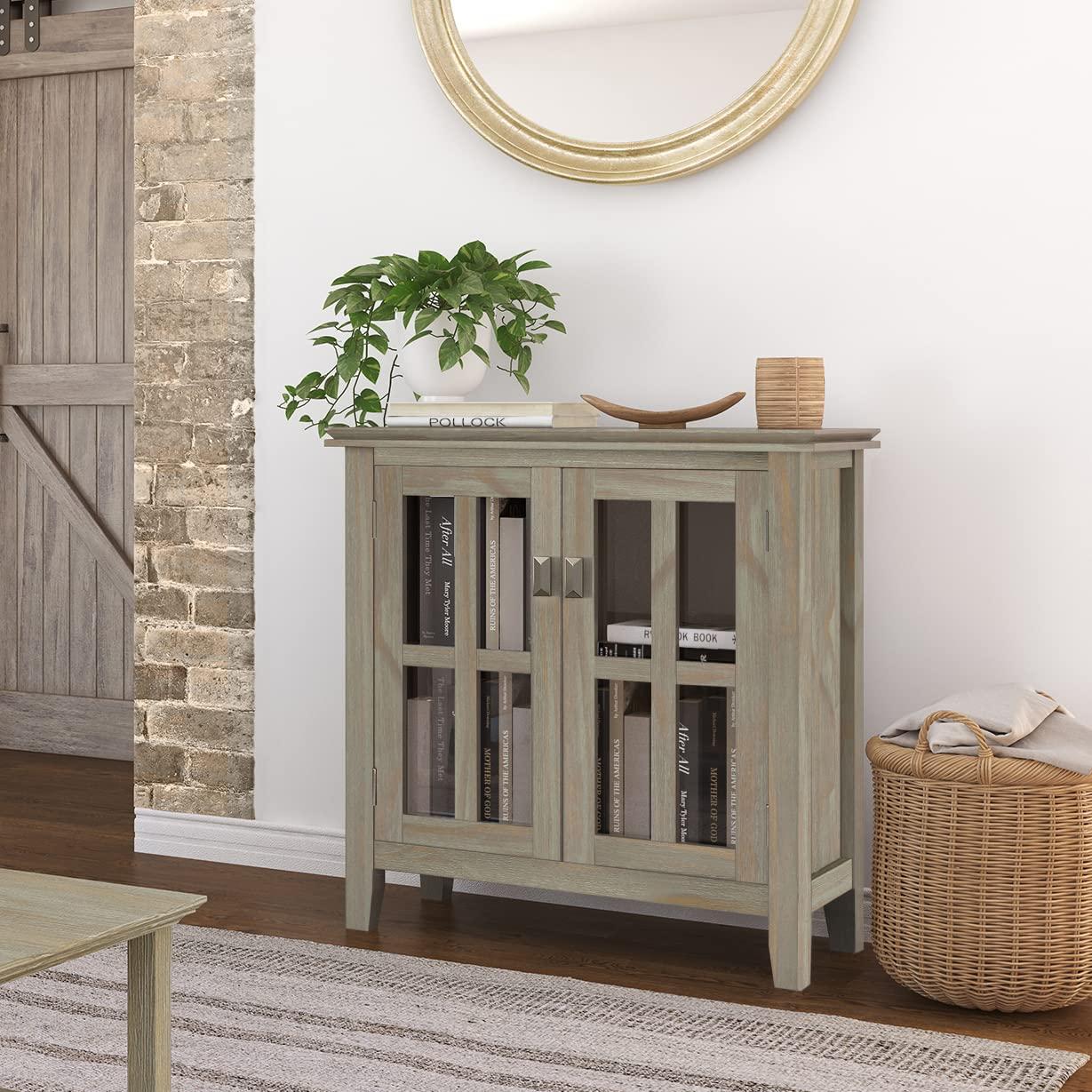 Simpli Home Artisan 30"W Solid Wood 2-Shelf Low Storage Cabinet with Glass Doors and Adjustable Shelves