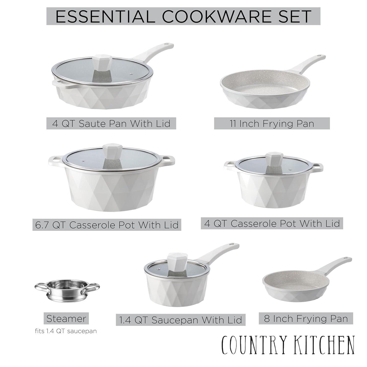 Country Kitchen 11-Pc Cast Aluminum Cookware Set Non Stick Pots and Pan Set, Cream Diamond