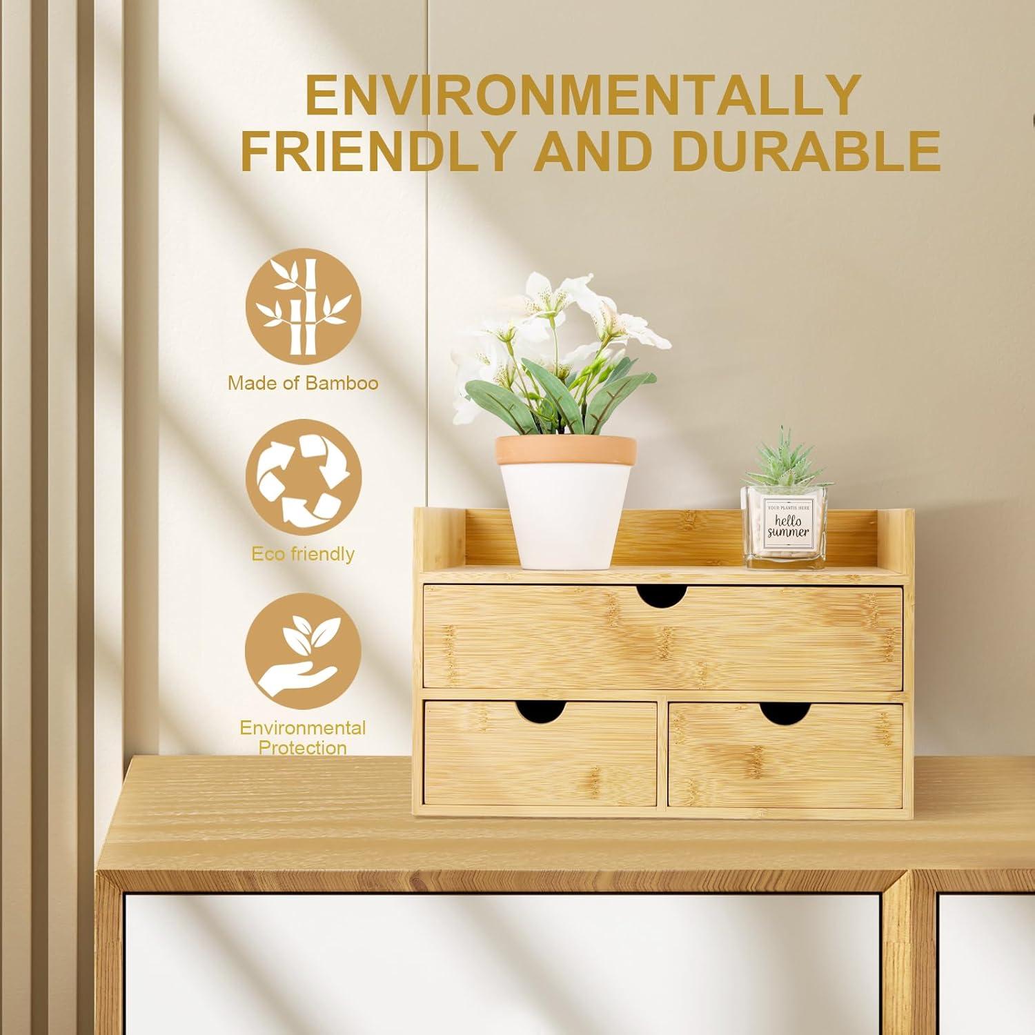 Bamboo Desk Organizer with 3 Drawers, Countertop Organizer with Drawers Makeup Storage Drawer 3 Drawers Tabletop Storage Organization Box Home Office Workspace