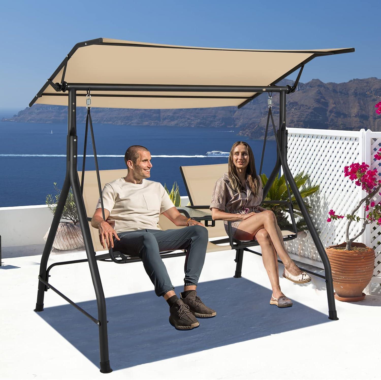 Gymax 2-Person Porch Swing Adjustable Canopy Swing Chair w/ Tempered Glass Table