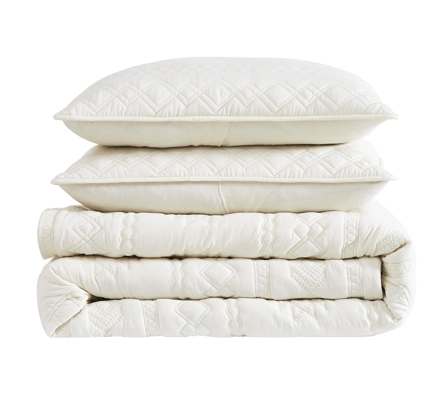 WDCOZY Boho Ivory Oversized California Cal King Size Quilt Bedding Sets with 2 Pillow Shams, Cream White Farmhouse Lightweight Soft Bedspread Coverlet for All Season, 3 Pieces