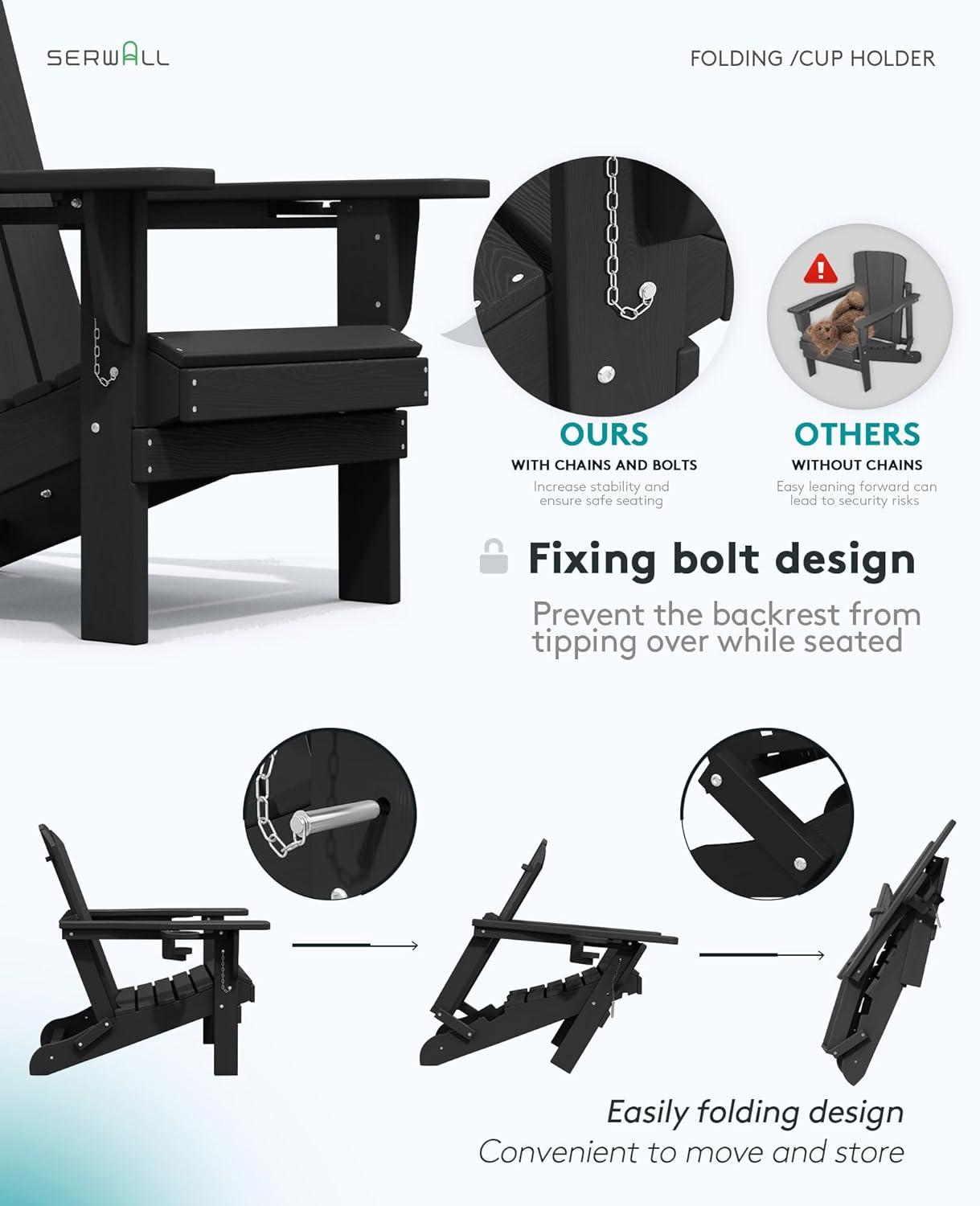 2PCS Folding HDPE Adirondack Chair with 4 in 1 Cup Holder Tray, Outdoor Patio Plastic Adirondack Chairs Weather Resistant, Black