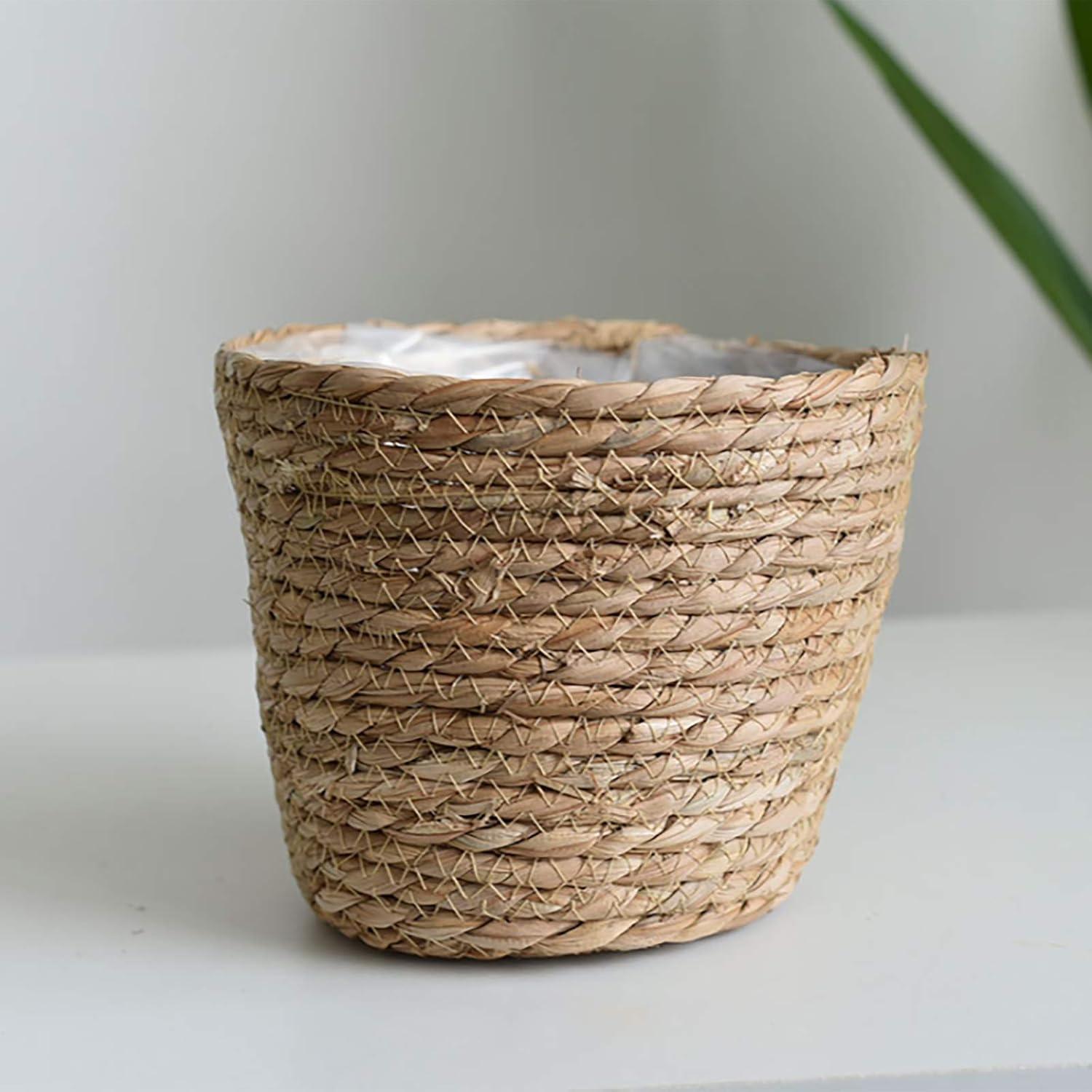 Natural Seagrass Cylindrical Planter with Plastic Liner