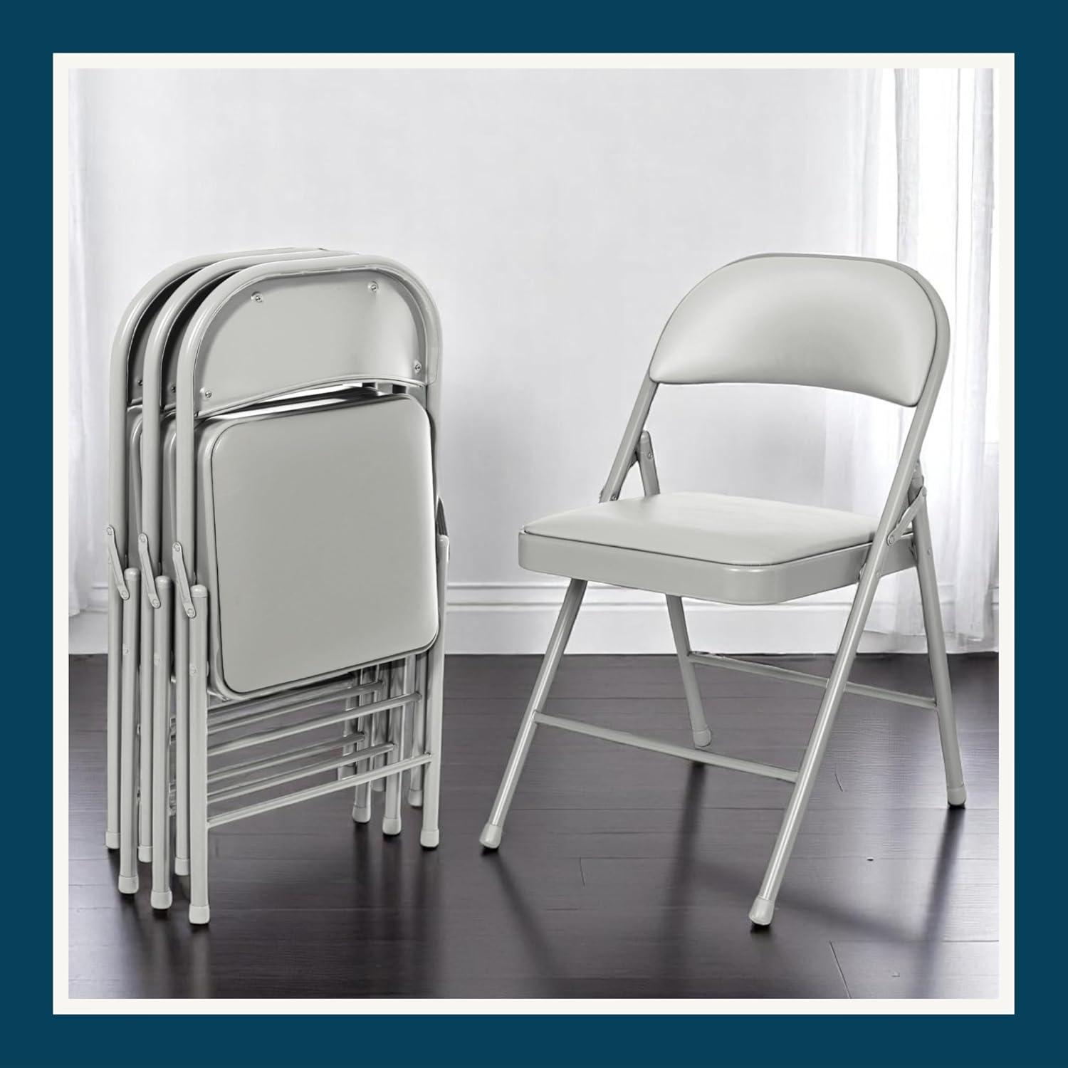 Folding Chairs with Padded Cushion and Back, 4pcs Potable Iron & PVC Durable Chairs for Indoor and Outdoor, School, Office and Garden Party, Gray