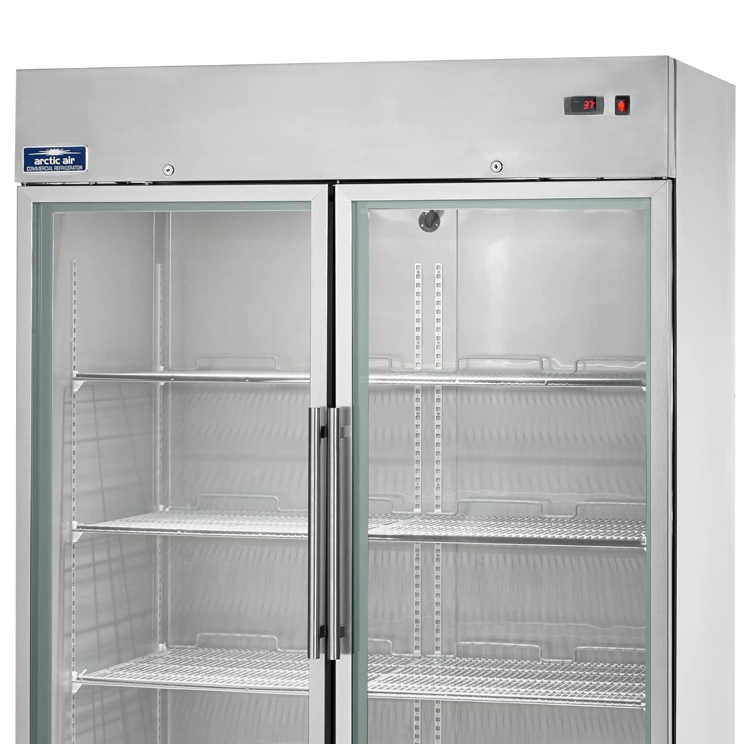 Arctic Air AGR49 Two Door Glass Reach-In Refrigerators, 2 doors 6 shelves, 33DF to 41DF, 49 cu. ft, Stainless Steel