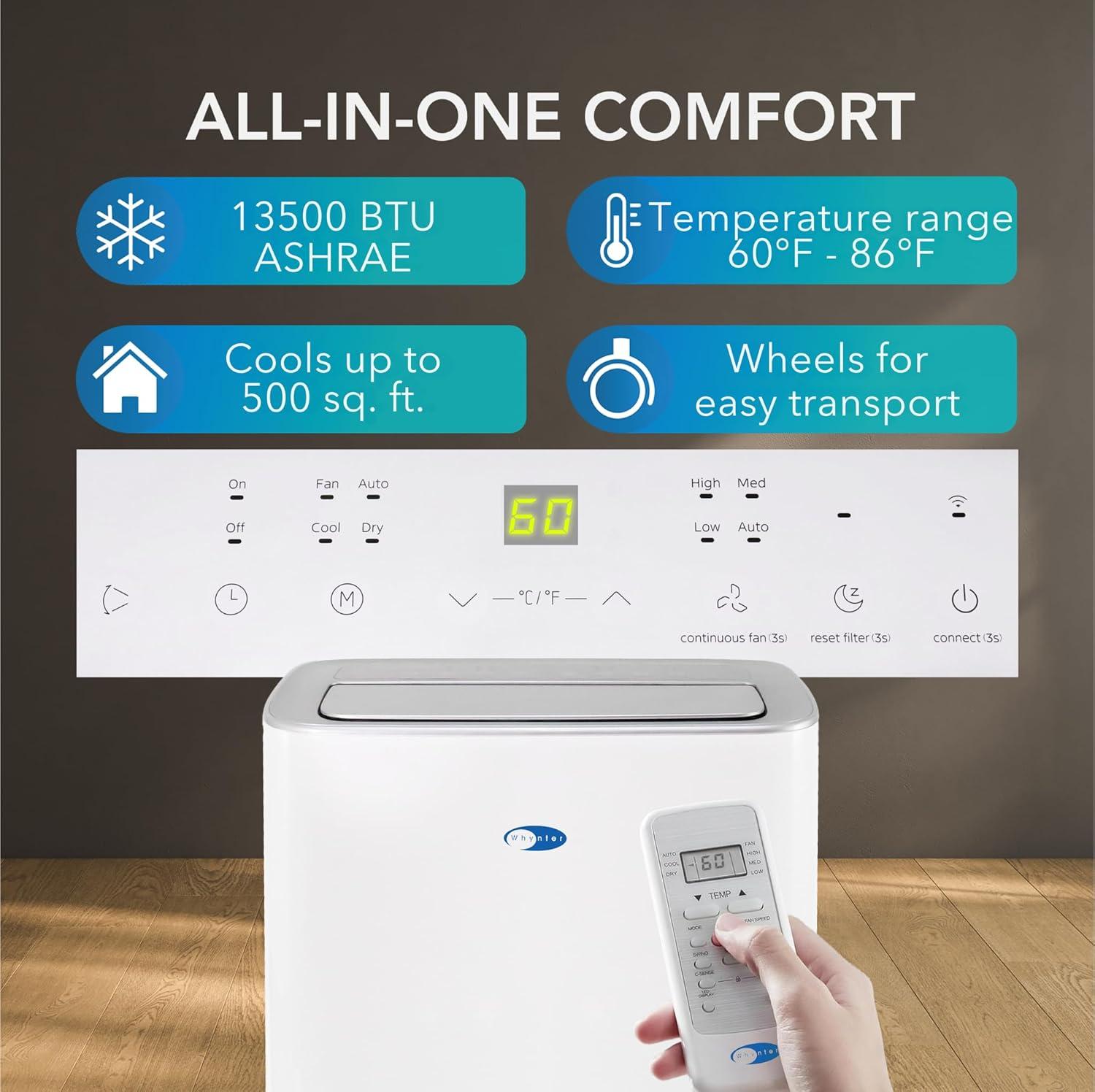 White 13,500 BTU Portable Air Conditioner with Remote and Wi-Fi