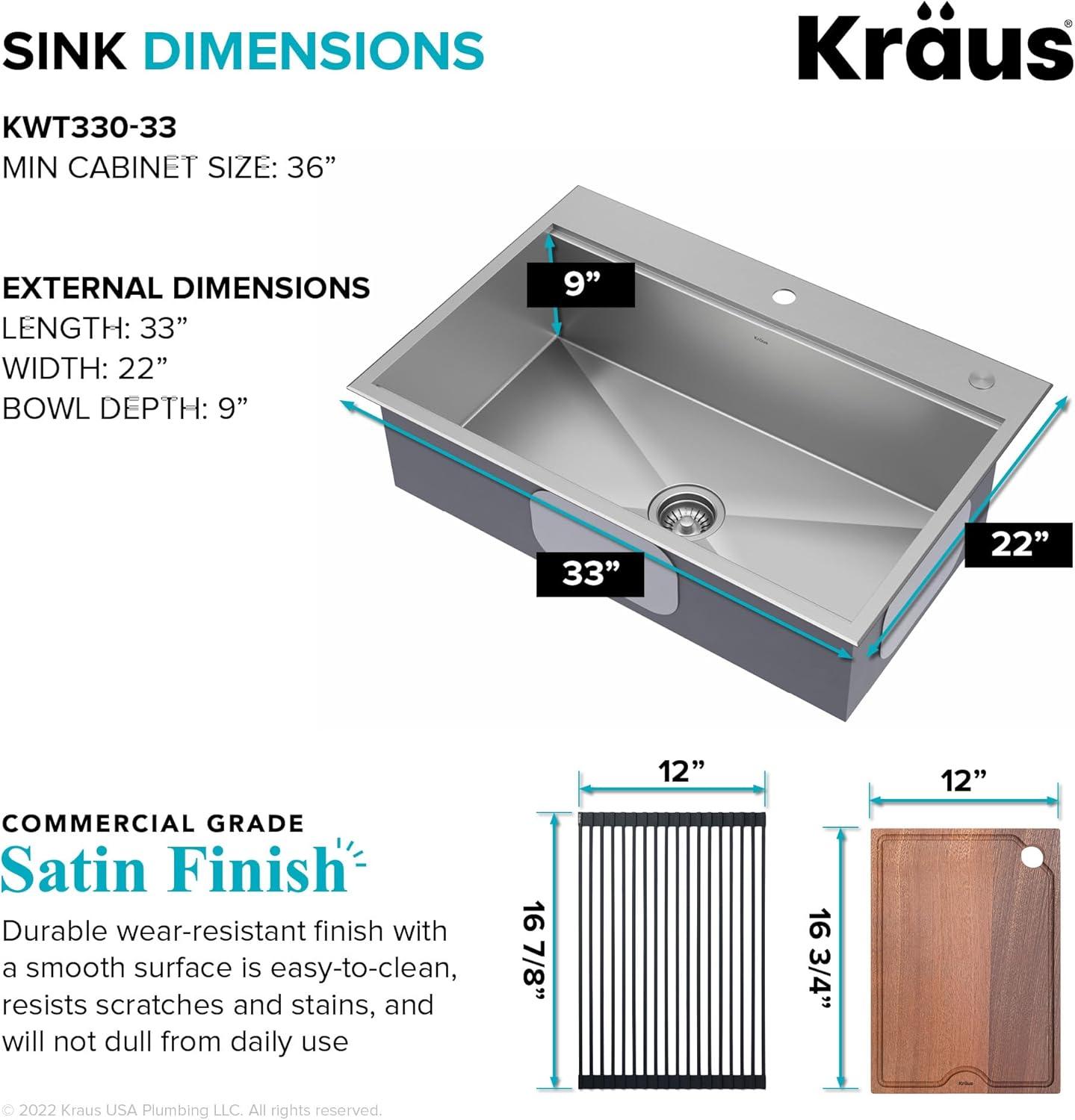 KRAUS Kore™ Workstation Drop-In 16 Gauge Single Bowl Stainless Steel Kitchen Sink