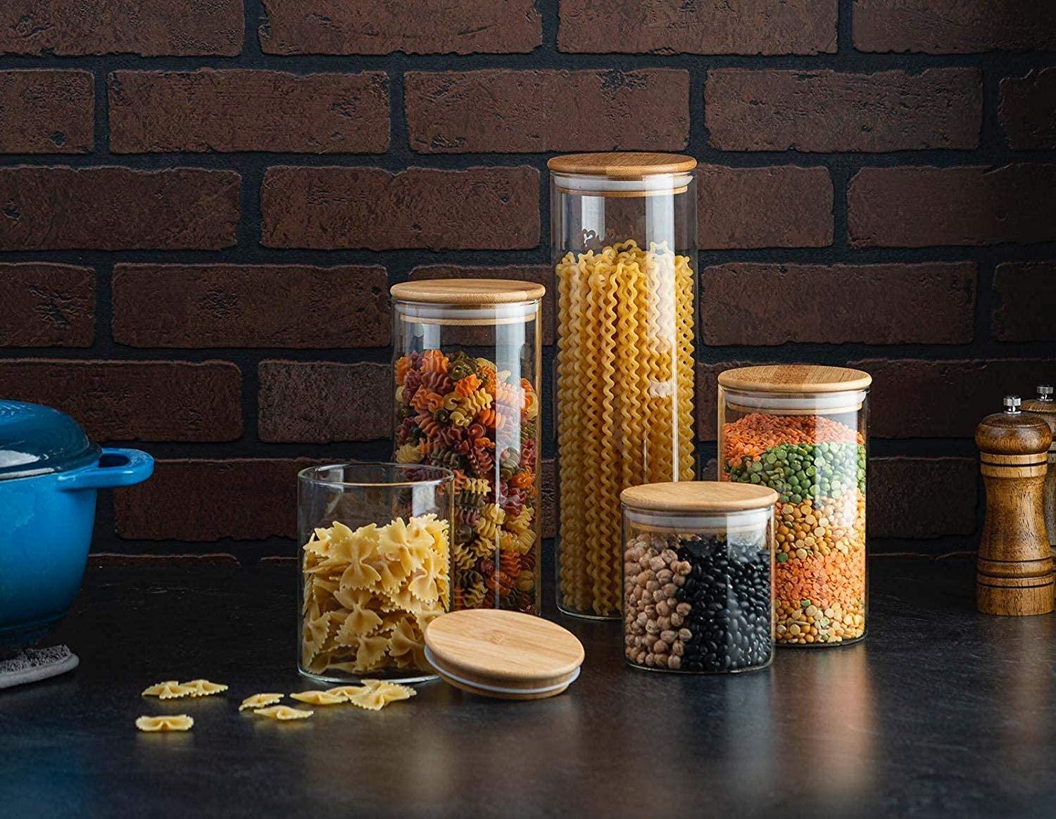 Glass Storage Jars with Bamboo Airtight Lids, Set of 5 Glass Canisters Sets for Kitchen Pantry