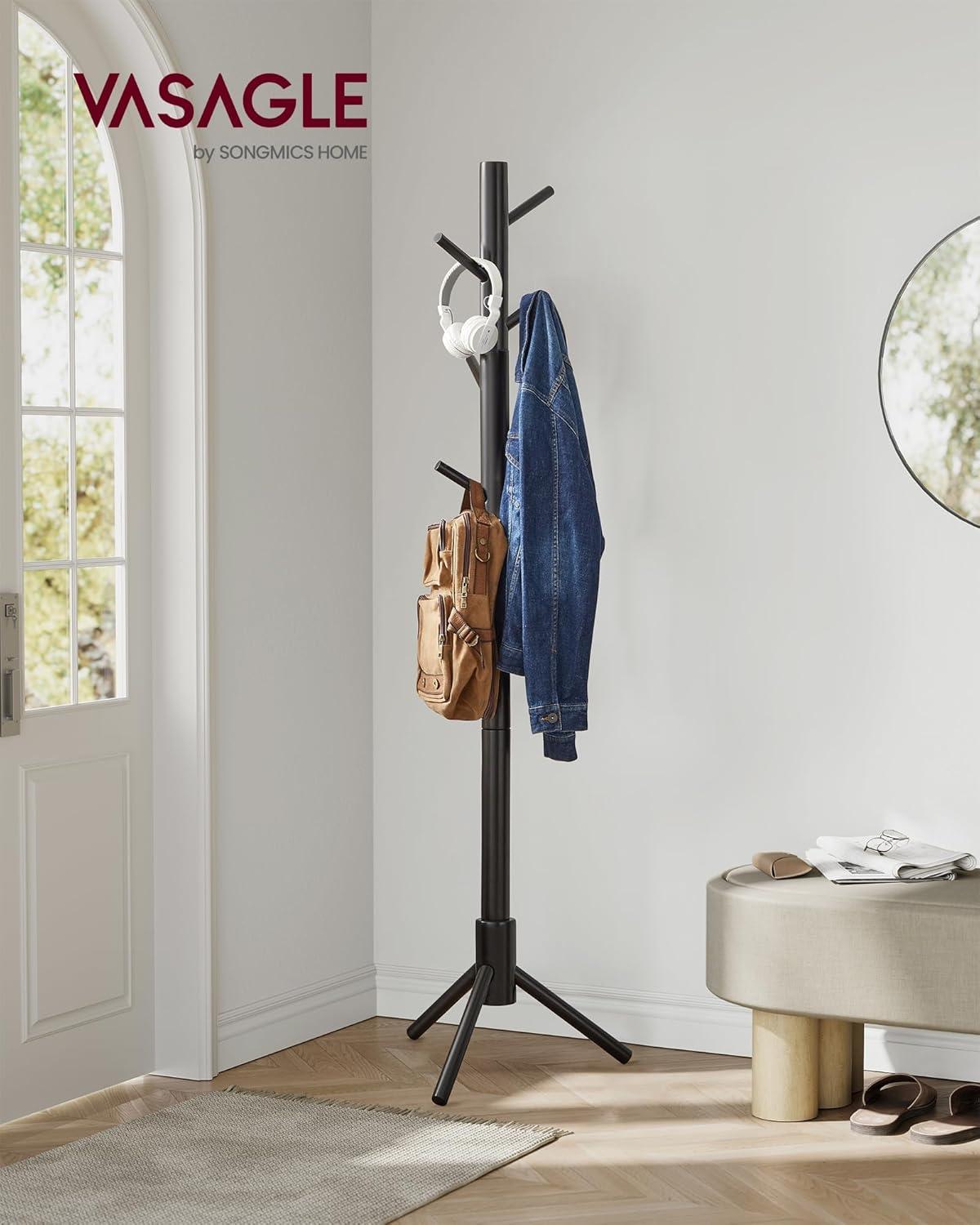 VASAGLE 8 Hooks Solid Wood Coat Rack Free Standing Coat Rack Tree-Shaped Coat Rack Black