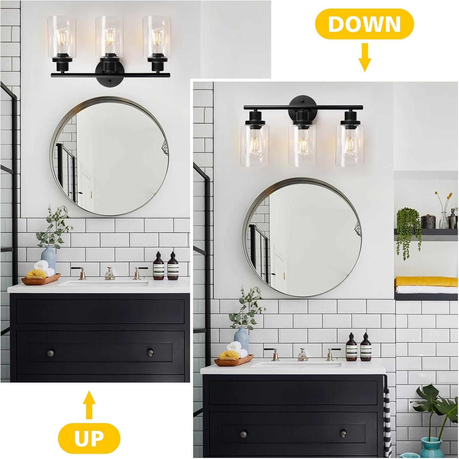 Modern Black 3-Light Vanity Fixture with Clear Glass Shades