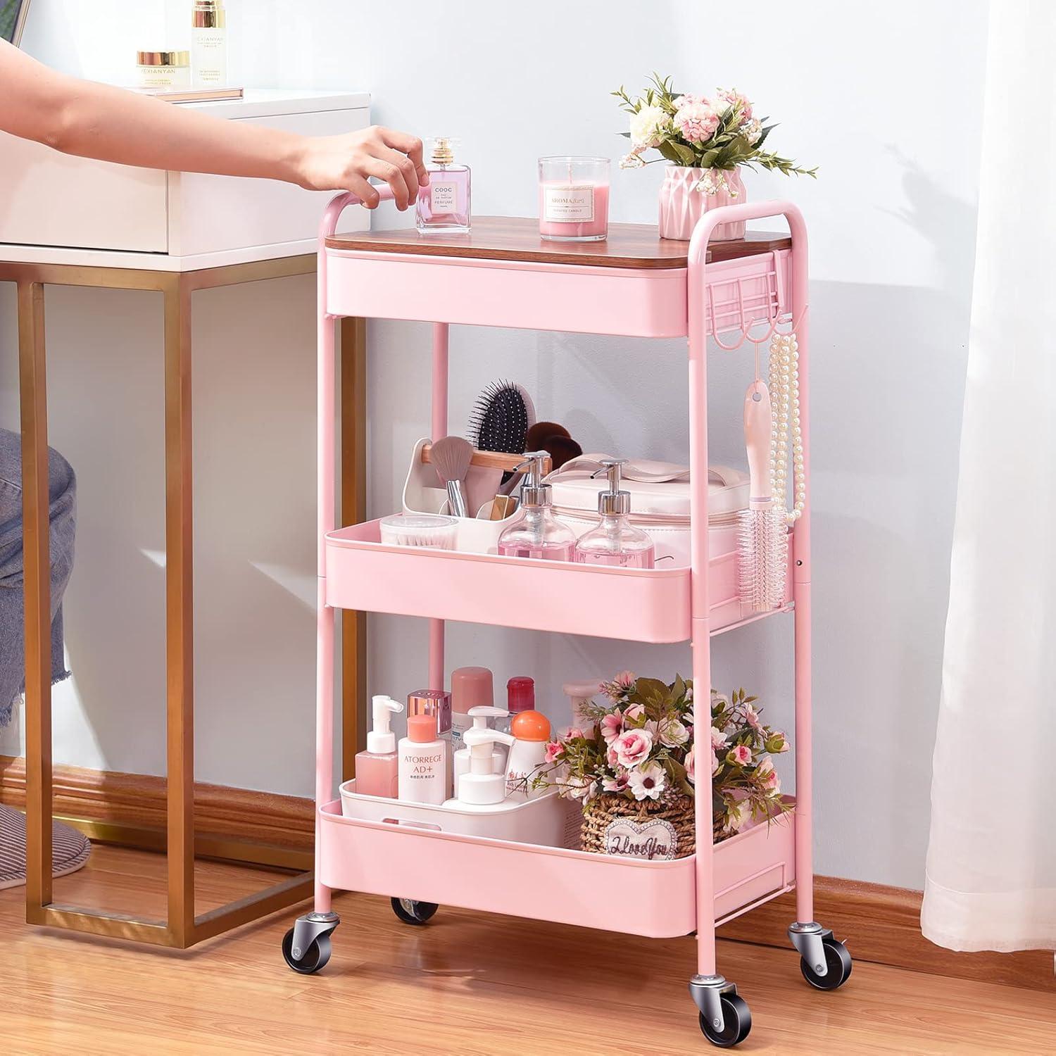 Pink Metal 3-Tier Rolling Utility Cart with Wooden Top