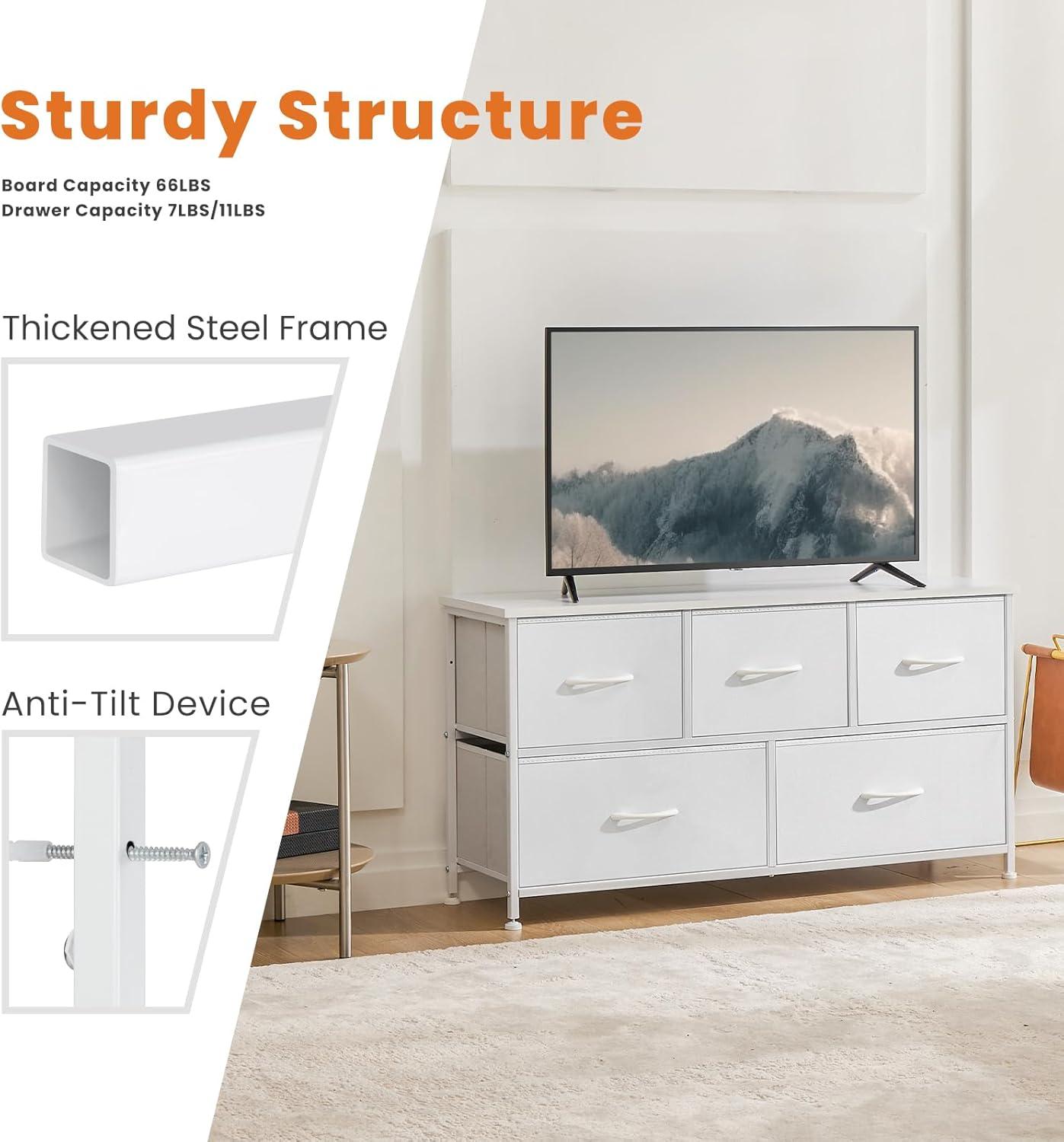 Sweetcrispy Dresser for Bedroom, Wide Chest of Drawers, Fabric Dresser Organizer with 5 Drawers, TV Stand, Storage Organizer Unit with Fabric Bins for Closet, Living Room, Hallway