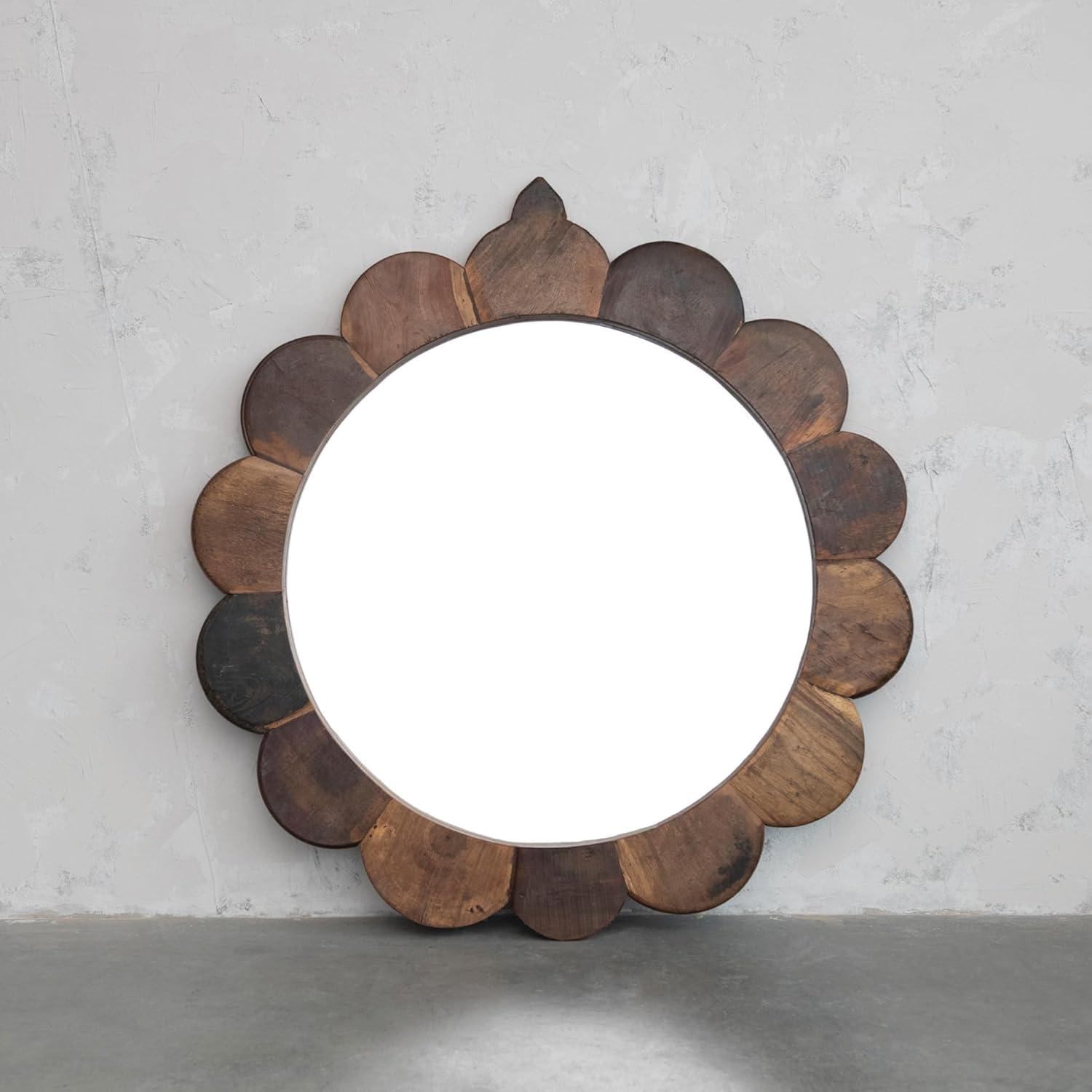 35 Inches Round Vintage Reclaimed Wood Framed Scalloped Wall Mirror, Natural