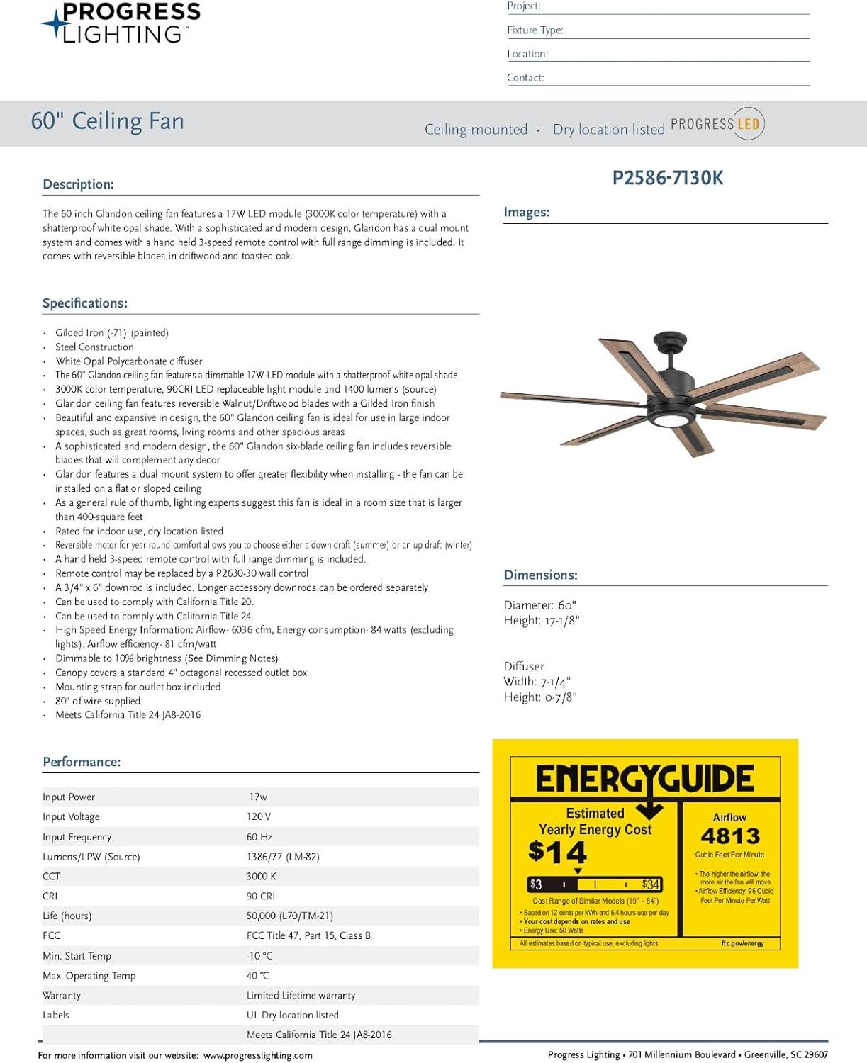 P2586-7130K-Progress Lighting-Glandon - Wide - Ceiling Fan - 1 Light - Handheld Remote in Transitional style - 60 Inches wide by 17.13 Inches