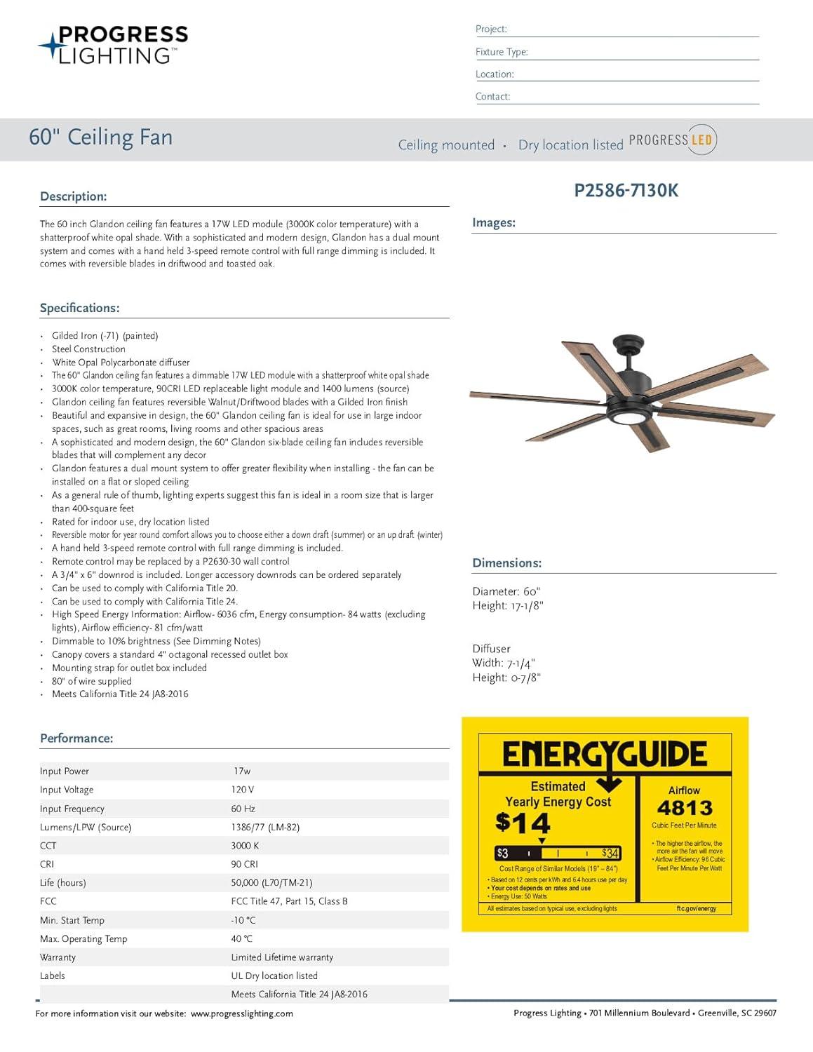 P2586-7130K-Progress Lighting-Glandon - Wide - Ceiling Fan - 1 Light - Handheld Remote in Transitional style - 60 Inches wide by 17.13 Inches