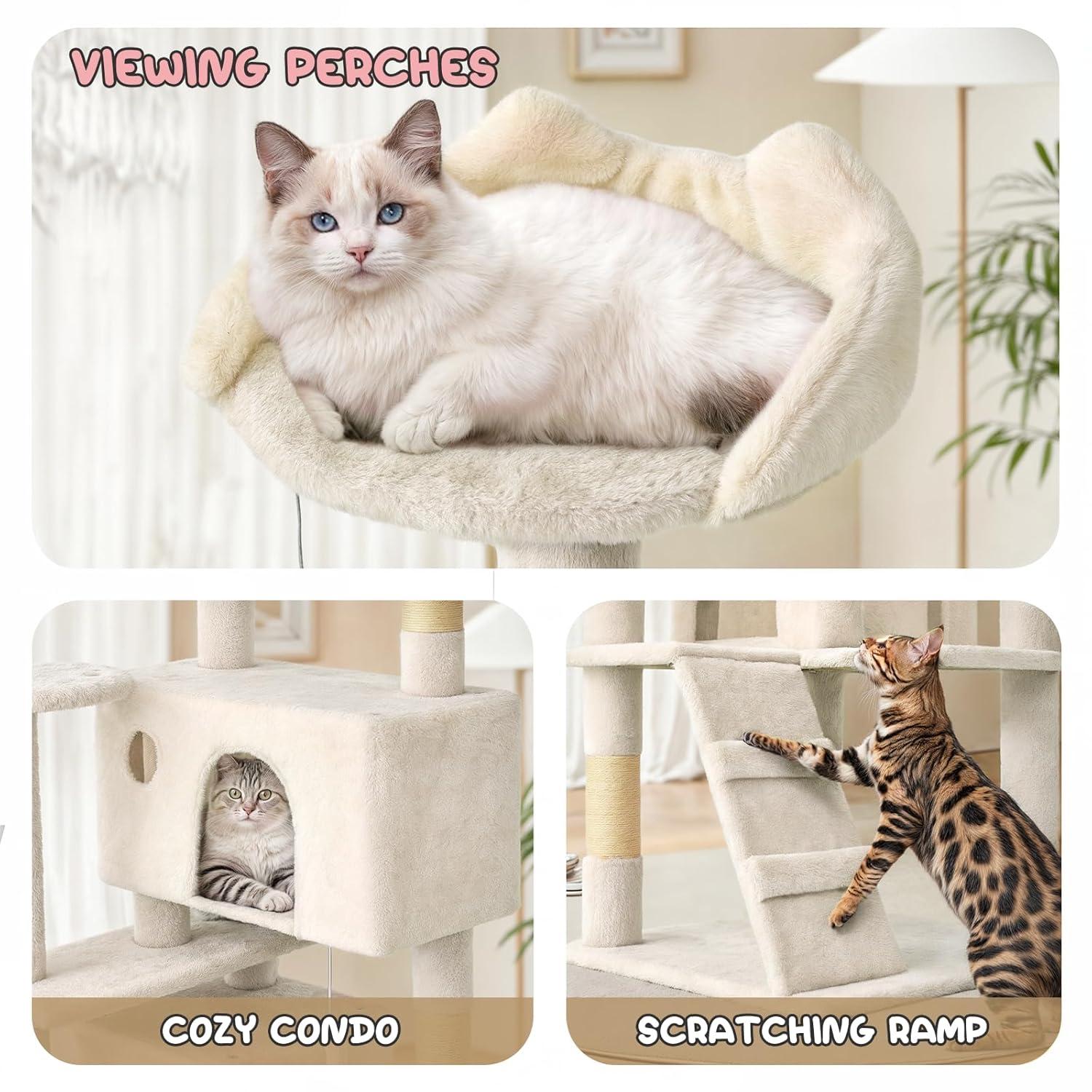 MoNiBloom Cat Tree Houses for Indoors, Multi-Level Cat Tree Tower, 70" Height（Beige）