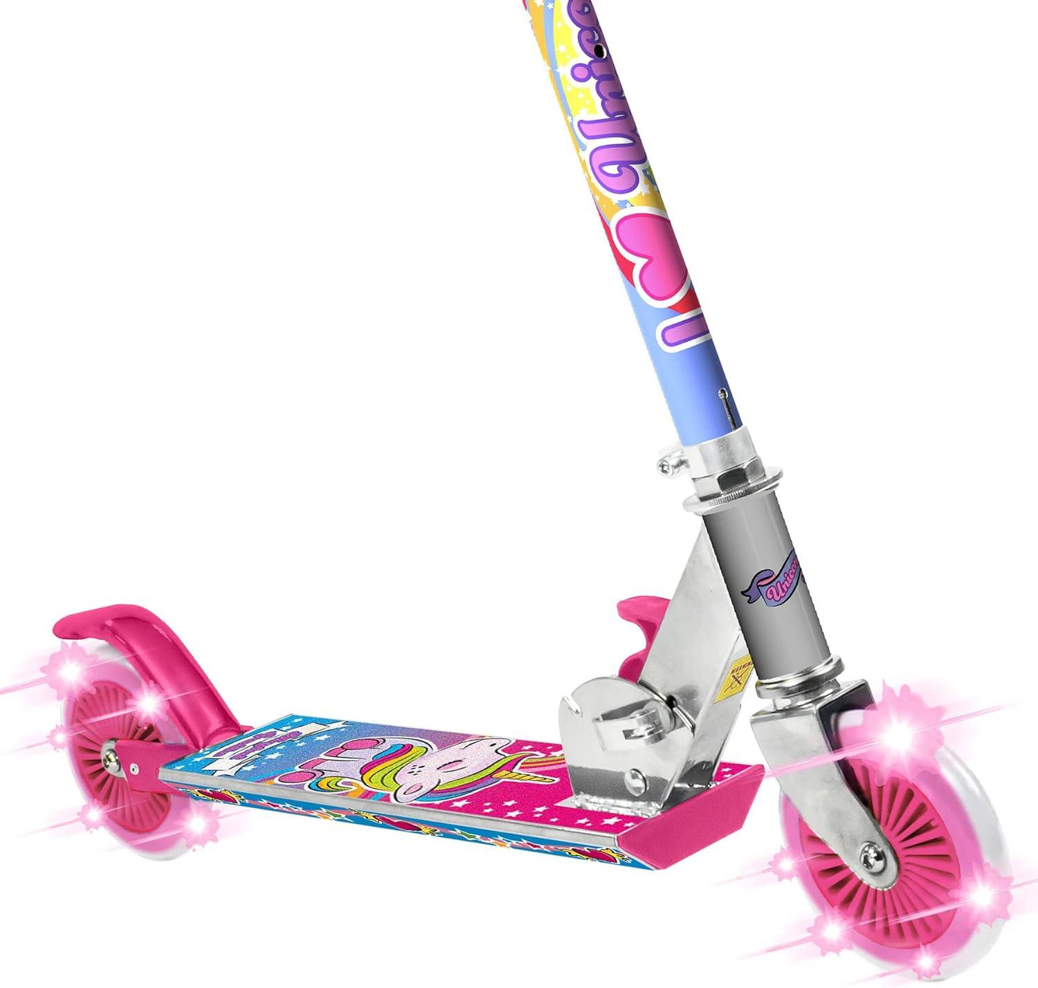 OZBOZZ Unicorn Magical Sparkles Foldable Kick Scooter with Light-up Wheels, Ages 5 and up
