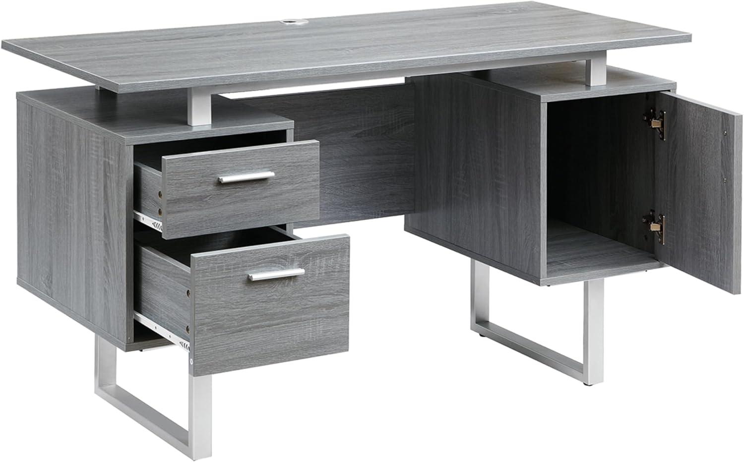 Modern Office Desk with Storage Gray - Techni Mobili: Sleek Metal Legs, File Cabinet, Floating Top