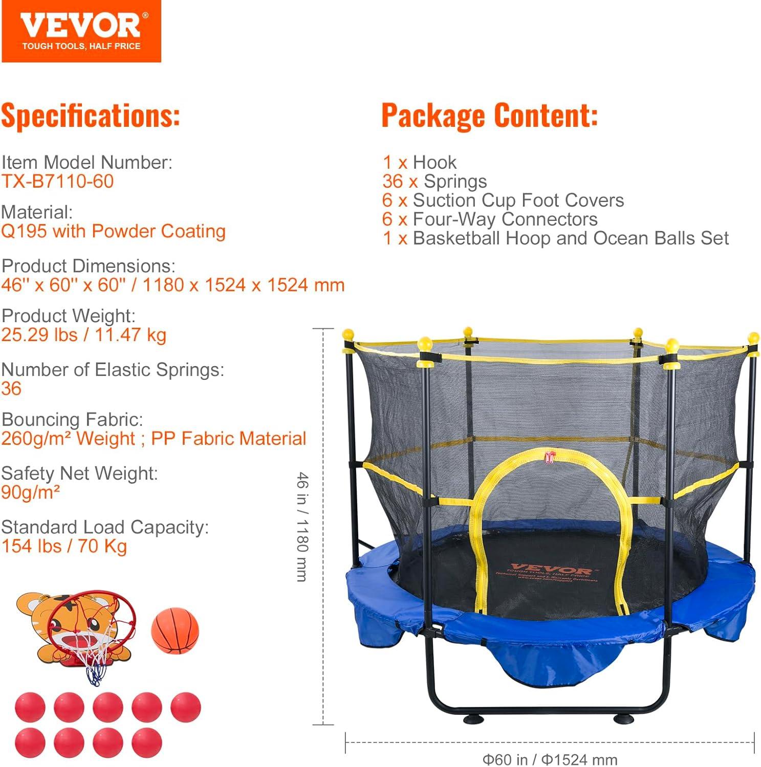 VEVOR Trampoline for Kids, 72" Indoor/Outdoor Toddlers Trampoline,Recreational Trampoline Birthday Gift for 3+ Years Kids 5inch