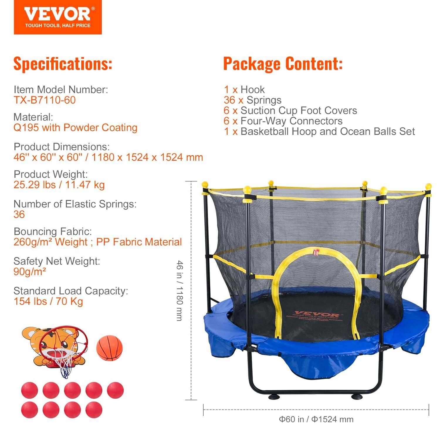 VEVOR 60" Trampoline for Kids Mini Toddler Trampoline with Net Indoor Outdoor