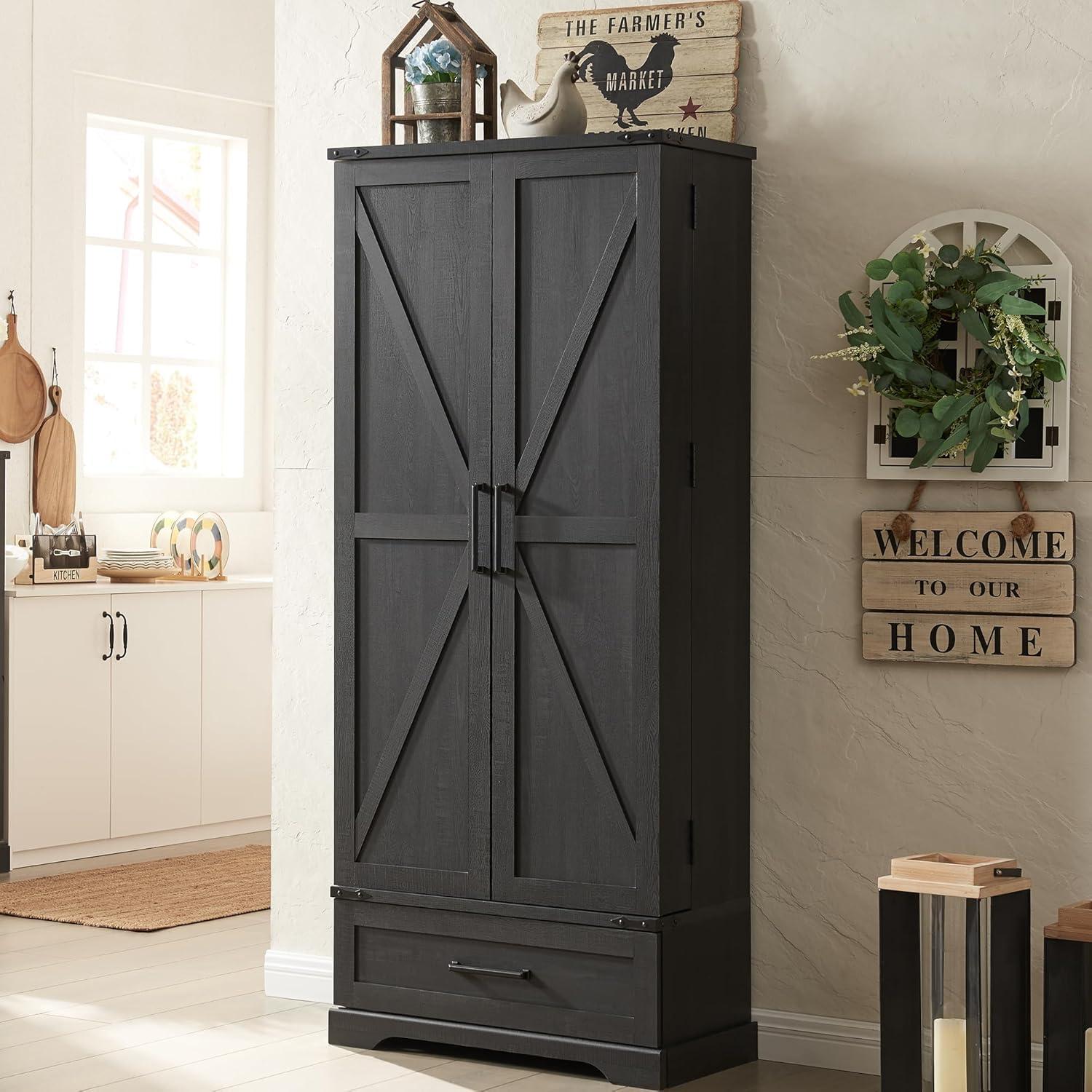 Svalin 72'' Farmhouse Kitchen Pantry, Tall Storage Cabinet with 2 Barn Doors and Adjustable Shelves