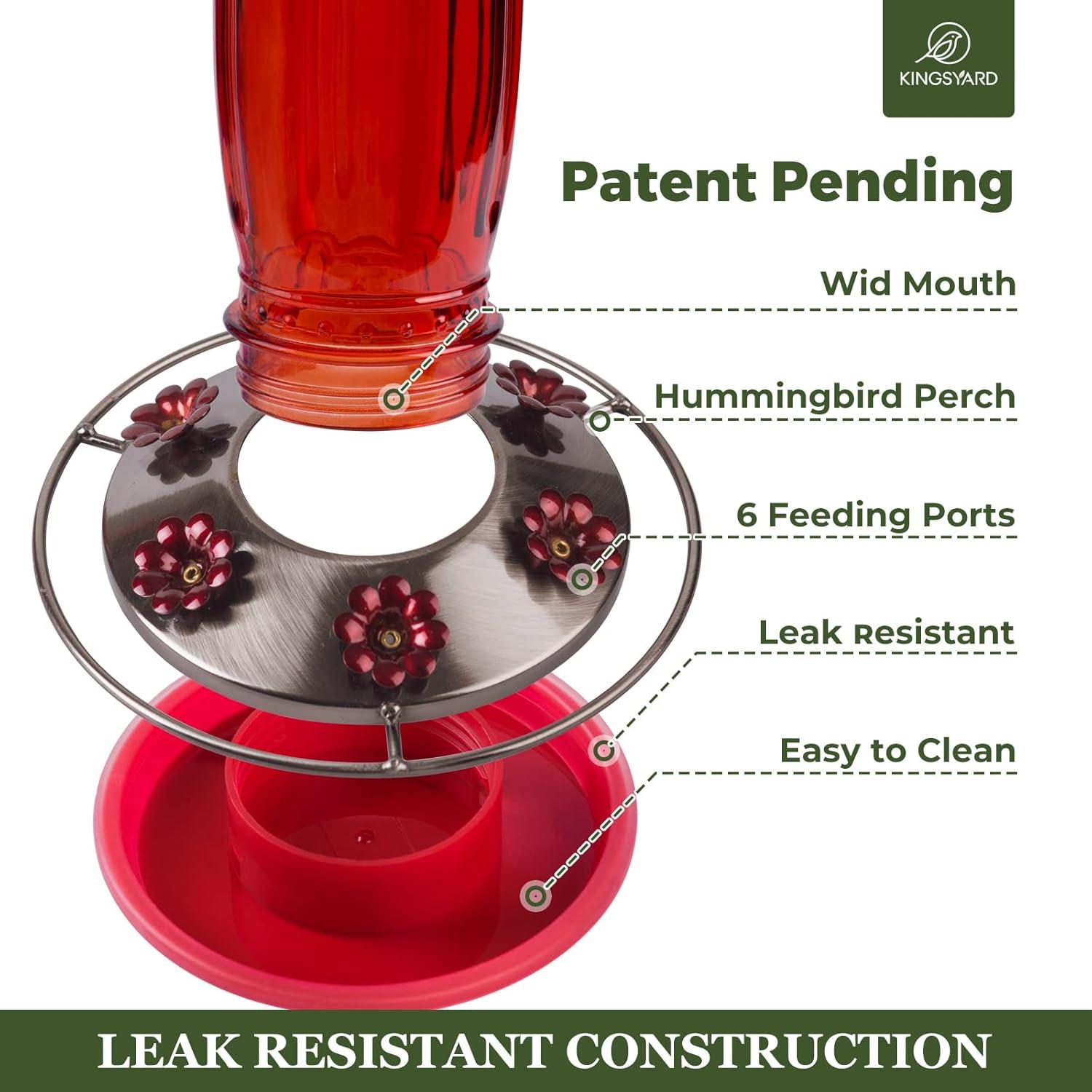 Kingsyard Glass Hummingbird Feeder with 6 Feeding Ports and Ant Moat, 16 oz, Leak Proof, Red
