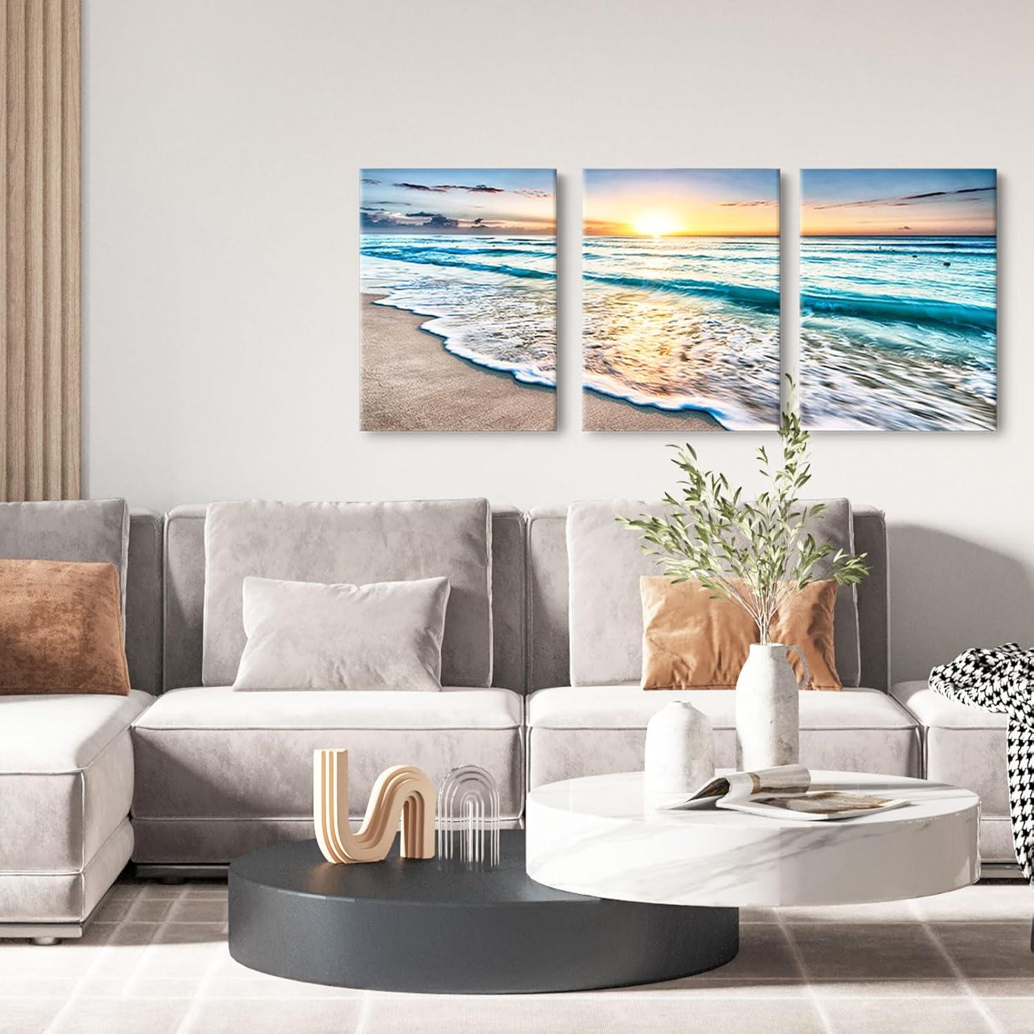 Asdg12s-3 Panel Wall Art Blue Sea Sunset White Beach Painting The Picture Print On Canvas Seascape The Pictures for Home Decor Decoration,Ready to Hang