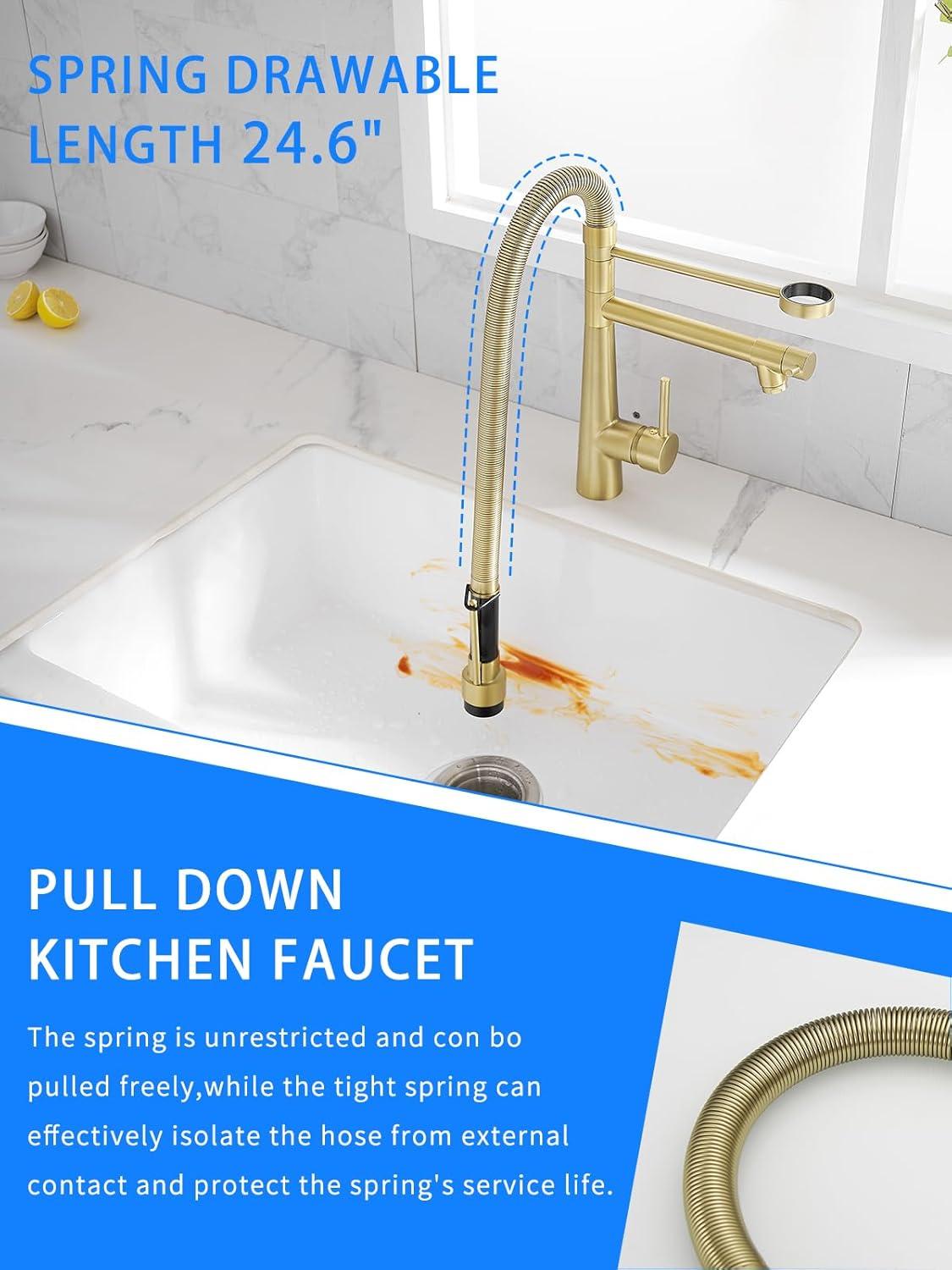 Brushed Gold Brass Kitchen Faucet with Pull-Out Spray